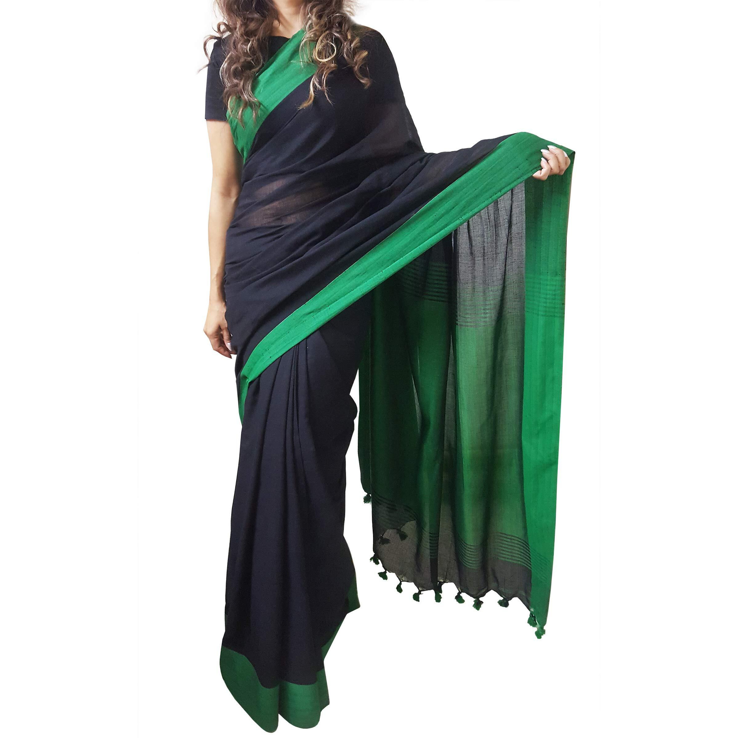 Mehrunnisa Womens Pure Cotton Plain Weave Saree with Blouse Piece (GAR2699 , Black)