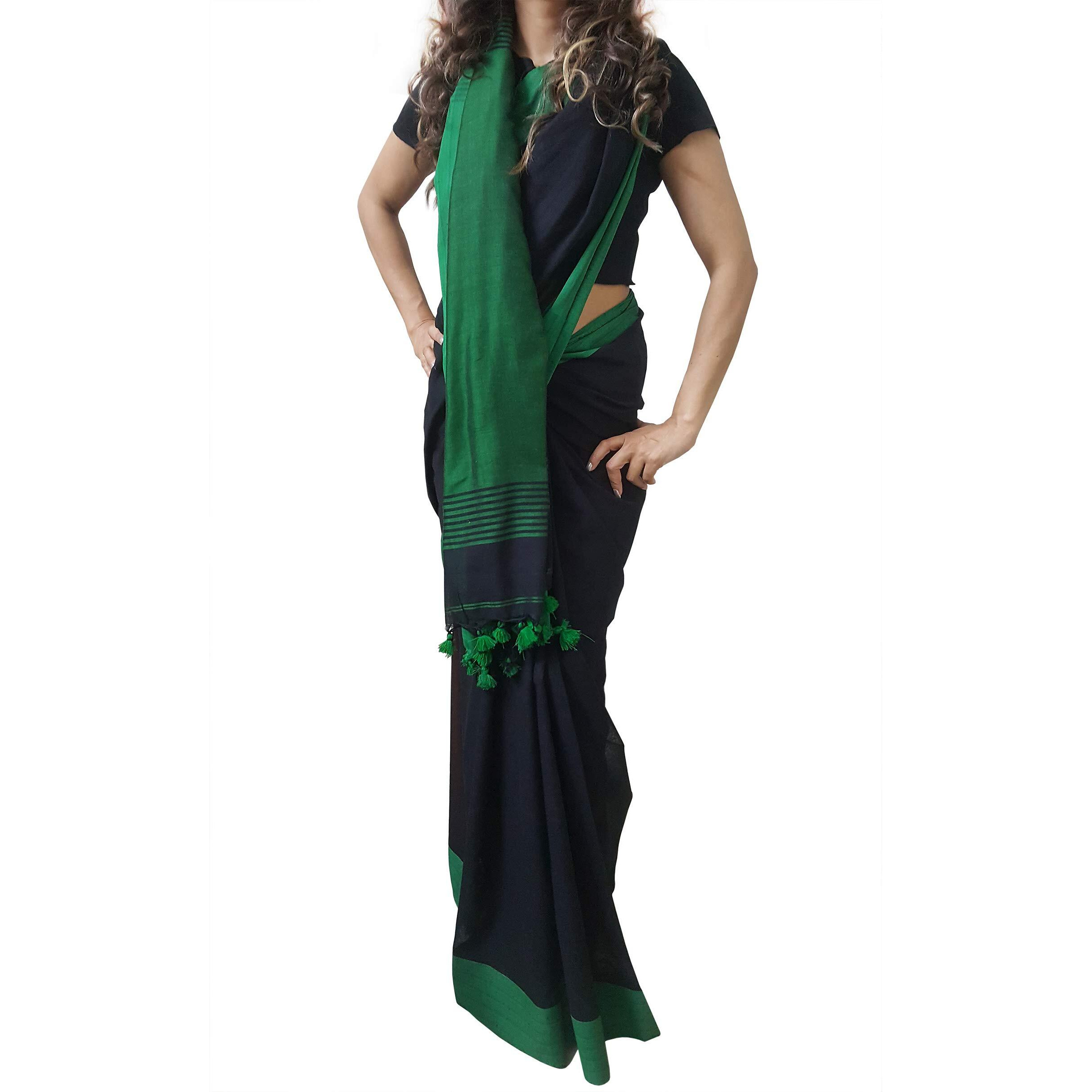 Mehrunnisa Womens Pure Cotton Plain Weave Saree with Blouse Piece (GAR2699 , Black)