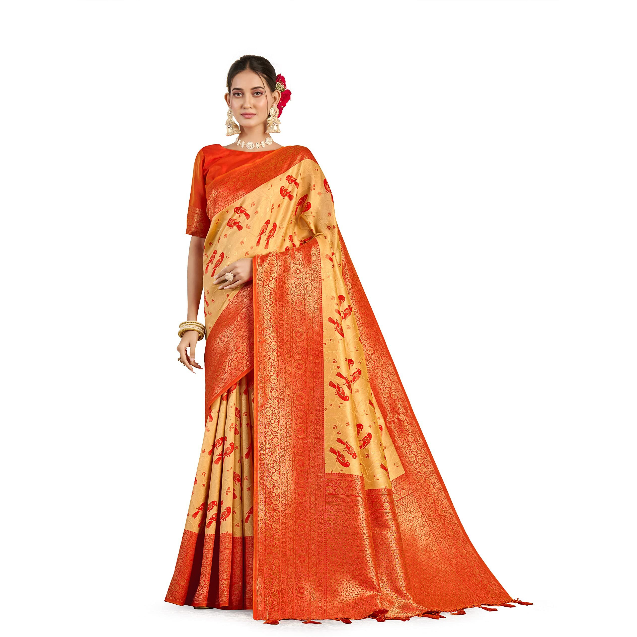 MIMOSA Womens Woven Design Kanjivaram Style Art Silk Saree With Blouse Piece  SA0000899PC, Peach