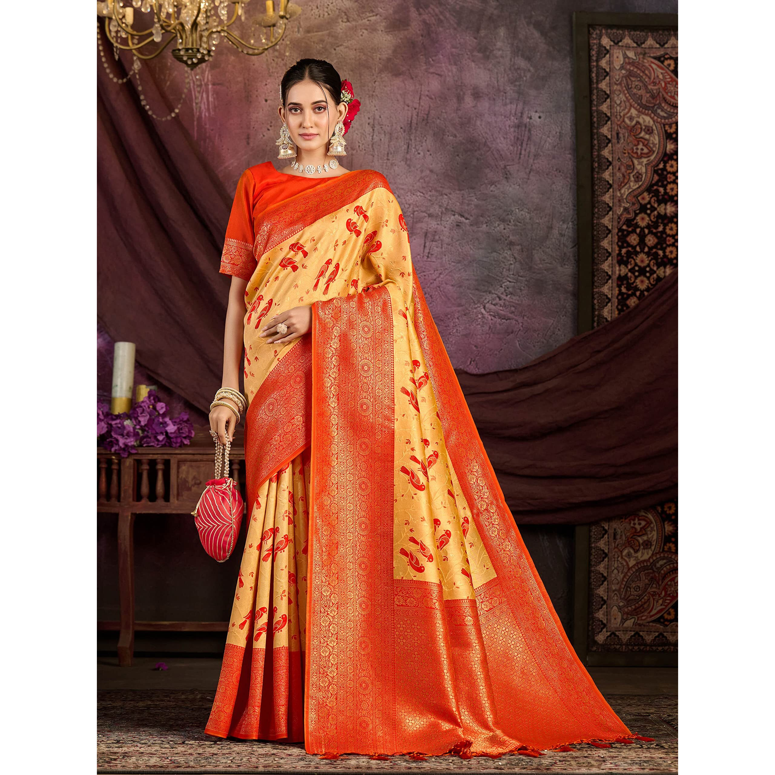 MIMOSA Womens Woven Design Kanjivaram Style Art Silk Saree With Blouse Piece  SA0000899PC, Peach