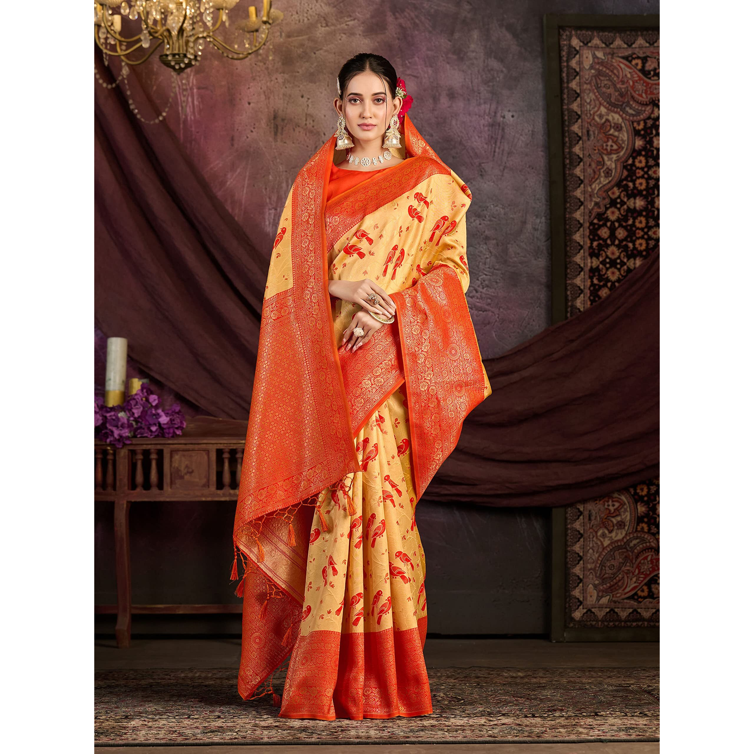 MIMOSA Womens Woven Design Kanjivaram Style Art Silk Saree With Blouse Piece  SA0000899PC, Peach