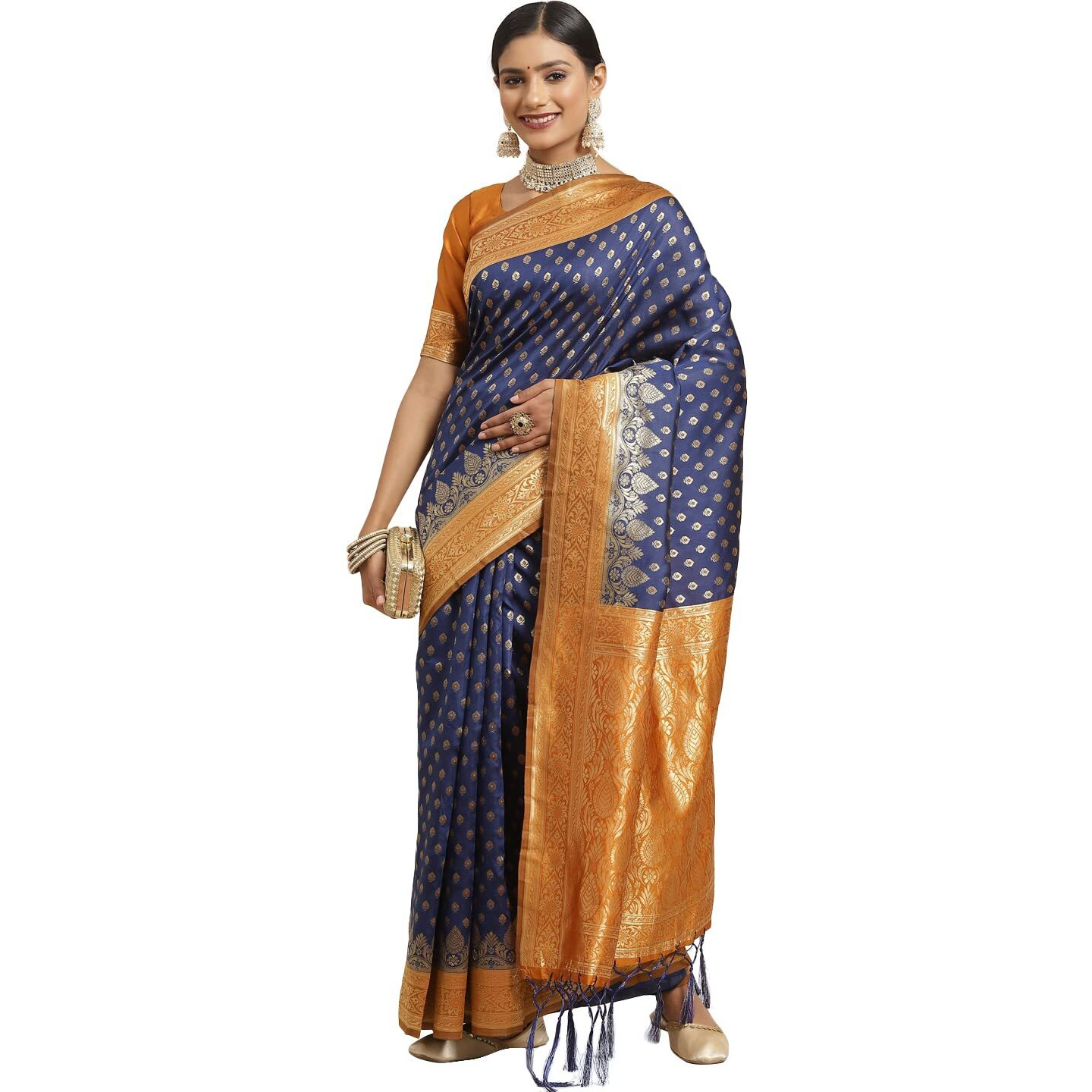 AKHILAM Womens Kanjivaram Banarasi Silk Paithani Saree With Unstitched Blouse Piece (Blue_FF0GNG22007)