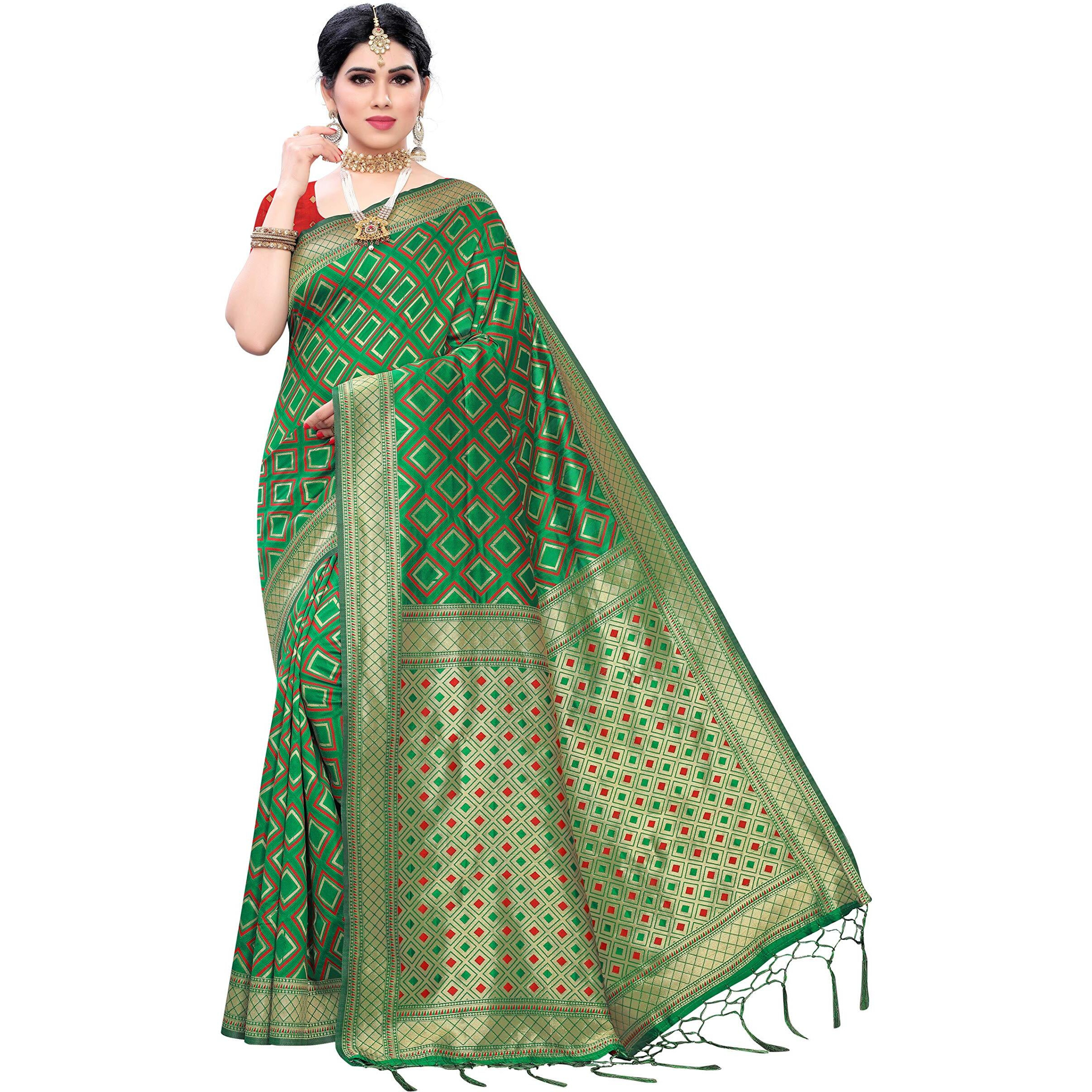 Akhilam Womens Banarasi Silk Saree With Unstitched Blouse Piece (B08Gkq749S_Green)