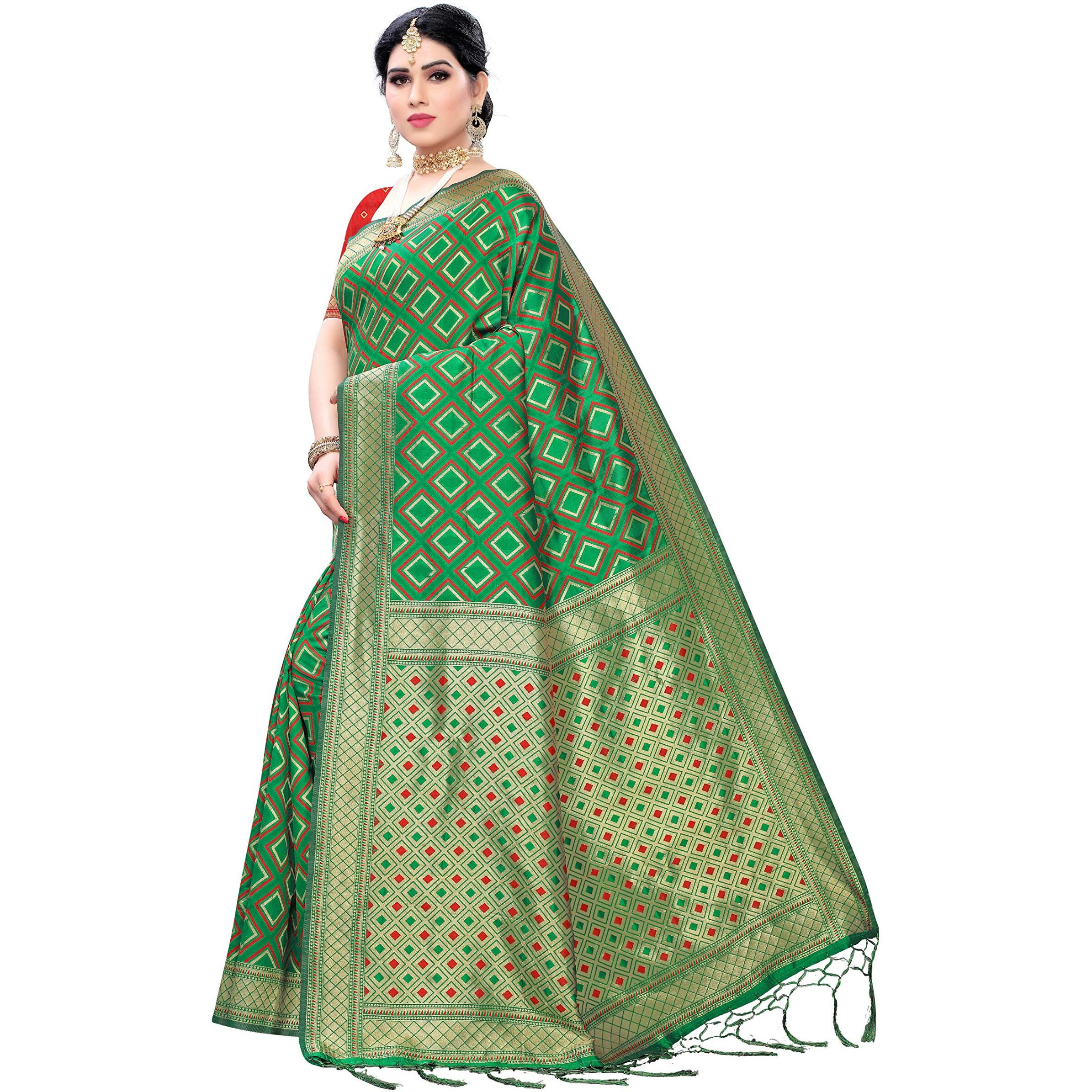 Akhilam Womens Banarasi Silk Saree With Unstitched Blouse Piece (B08Gkq749S_Green)