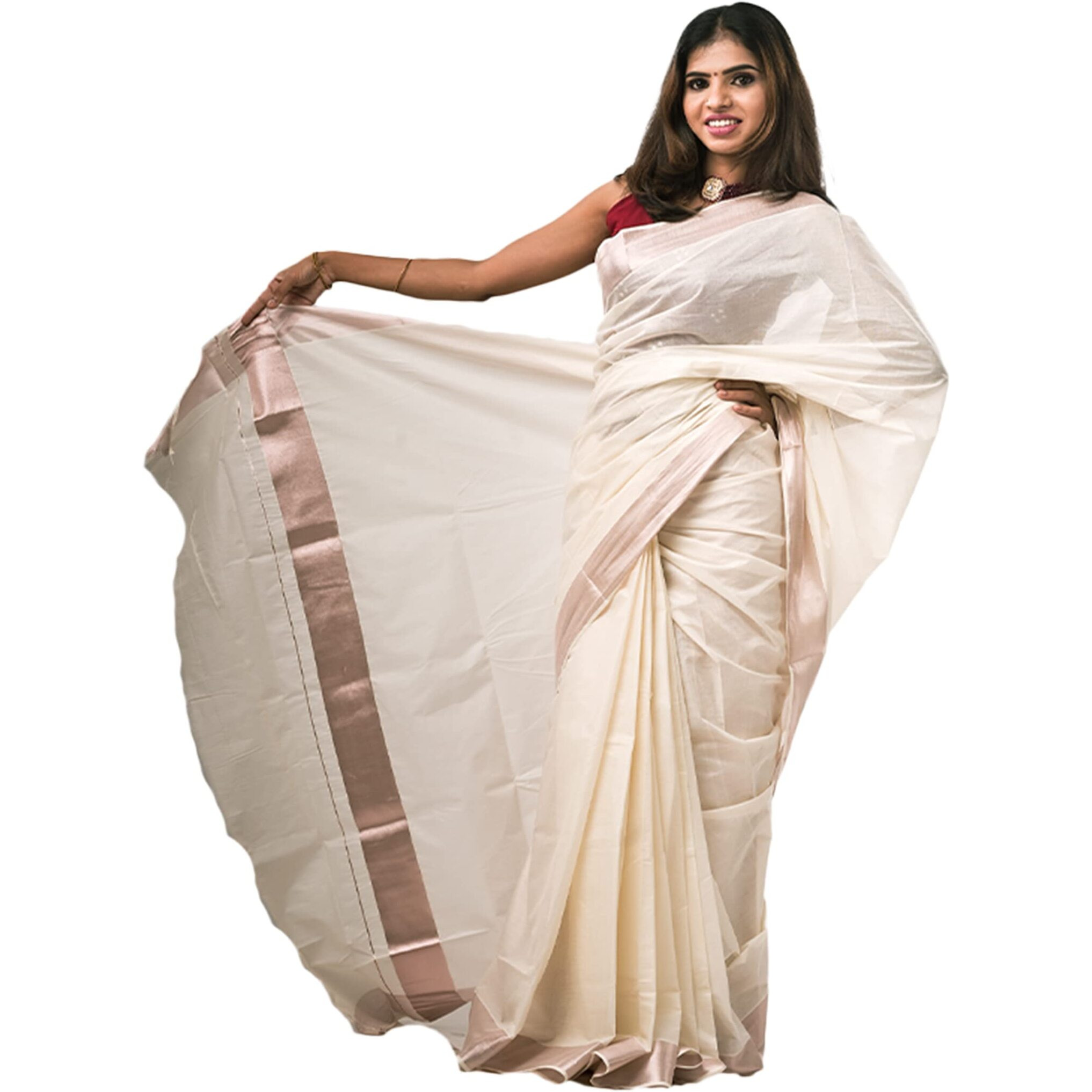 ALLUVY Kuthampully Kerala Kasavu Saree Cotton | Traditional South Indian Saree | Onam Saree - Pink Copper Zari EKM-611