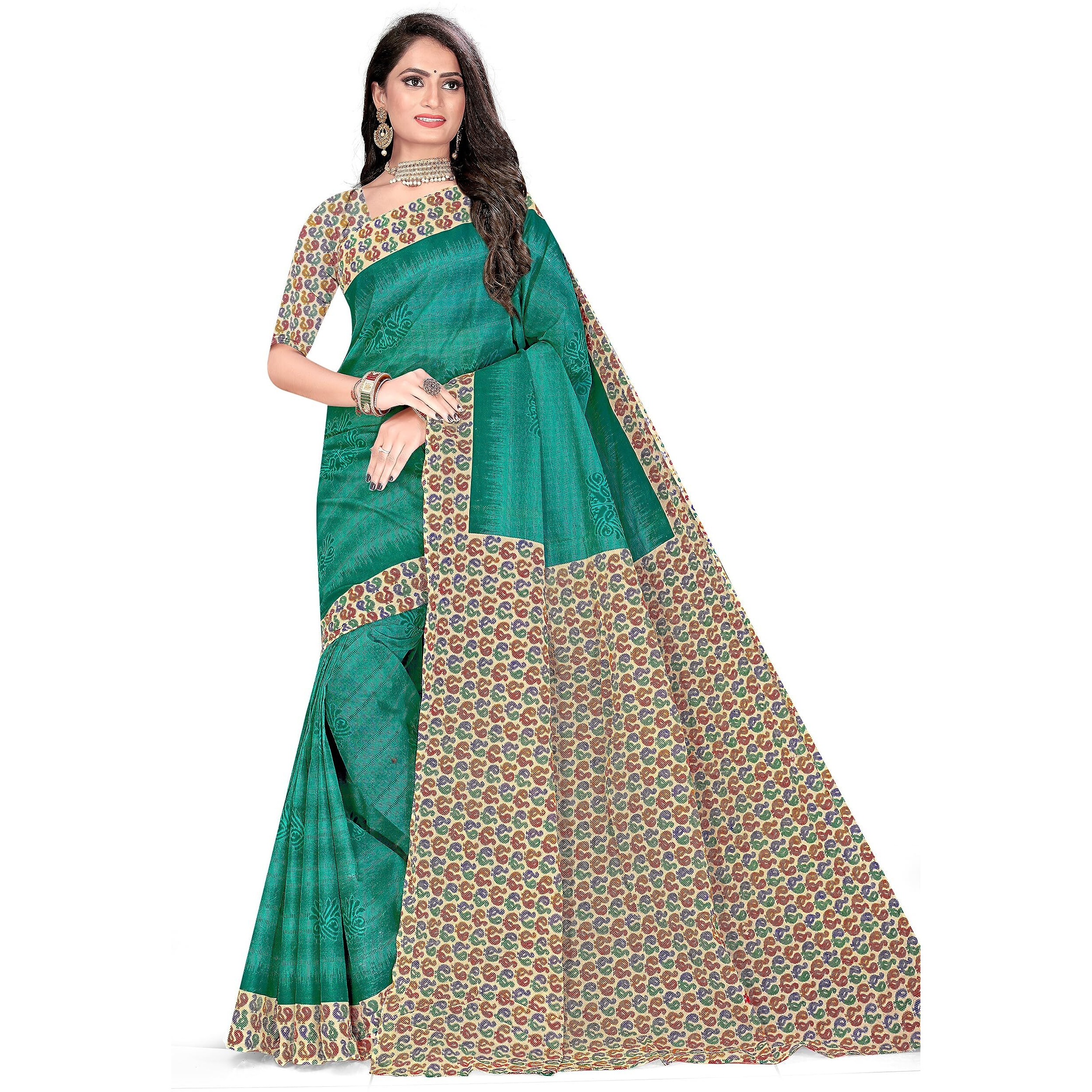 TAMAIRA FASHION Womens Plain Weave Pure Cotton Saree With Blouse Piece(11296_Seagreen)