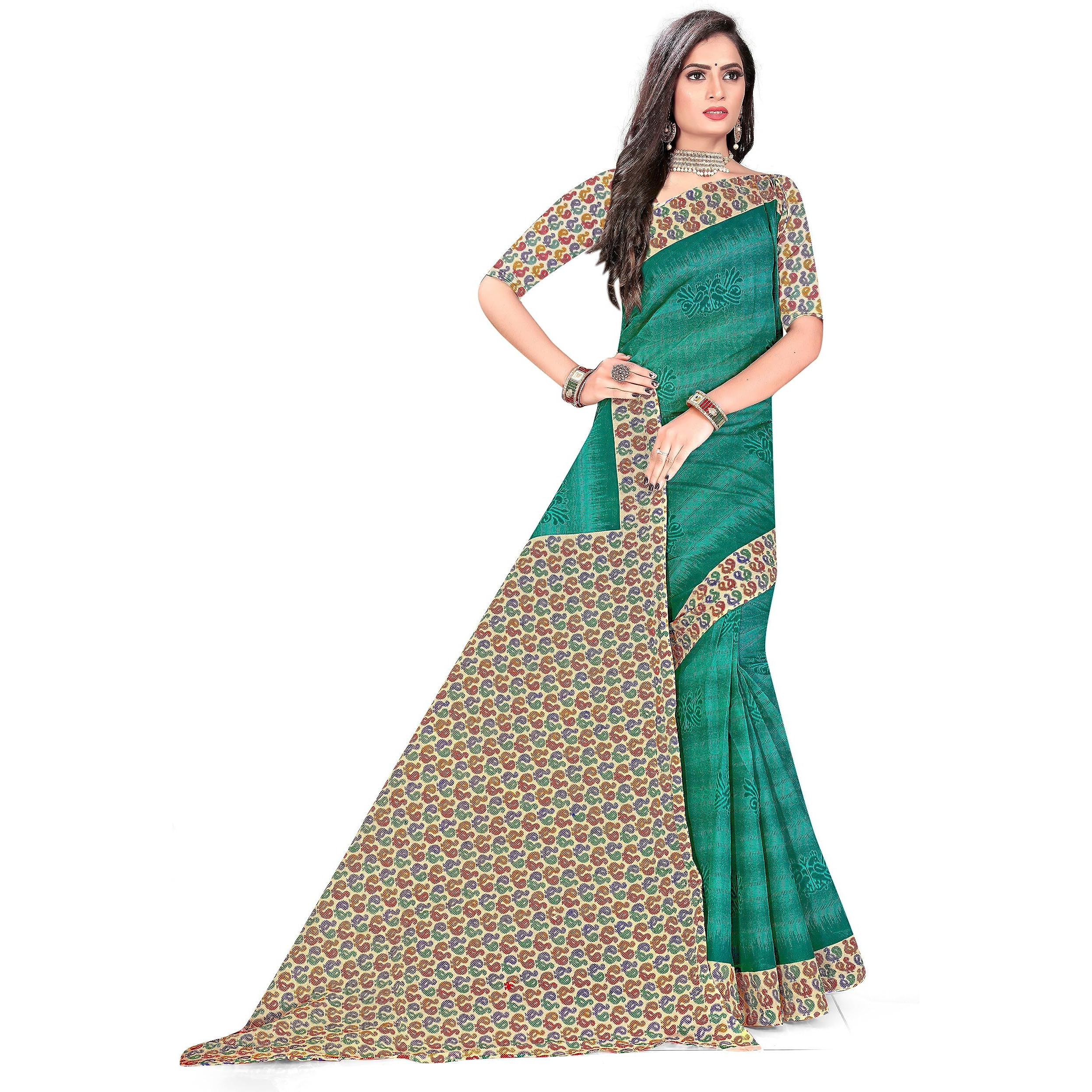 TAMAIRA FASHION Womens Plain Weave Pure Cotton Saree With Blouse Piece(11296_Seagreen)