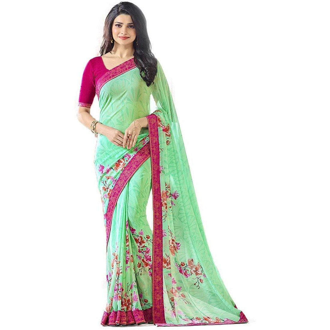 Shruhad Womens Georgette Printed Sarees Jacquard Lace Border Work Saree With Blouse Piece (Multicolored Free Size 6.30 Mtr) (LIGHT GREEN)