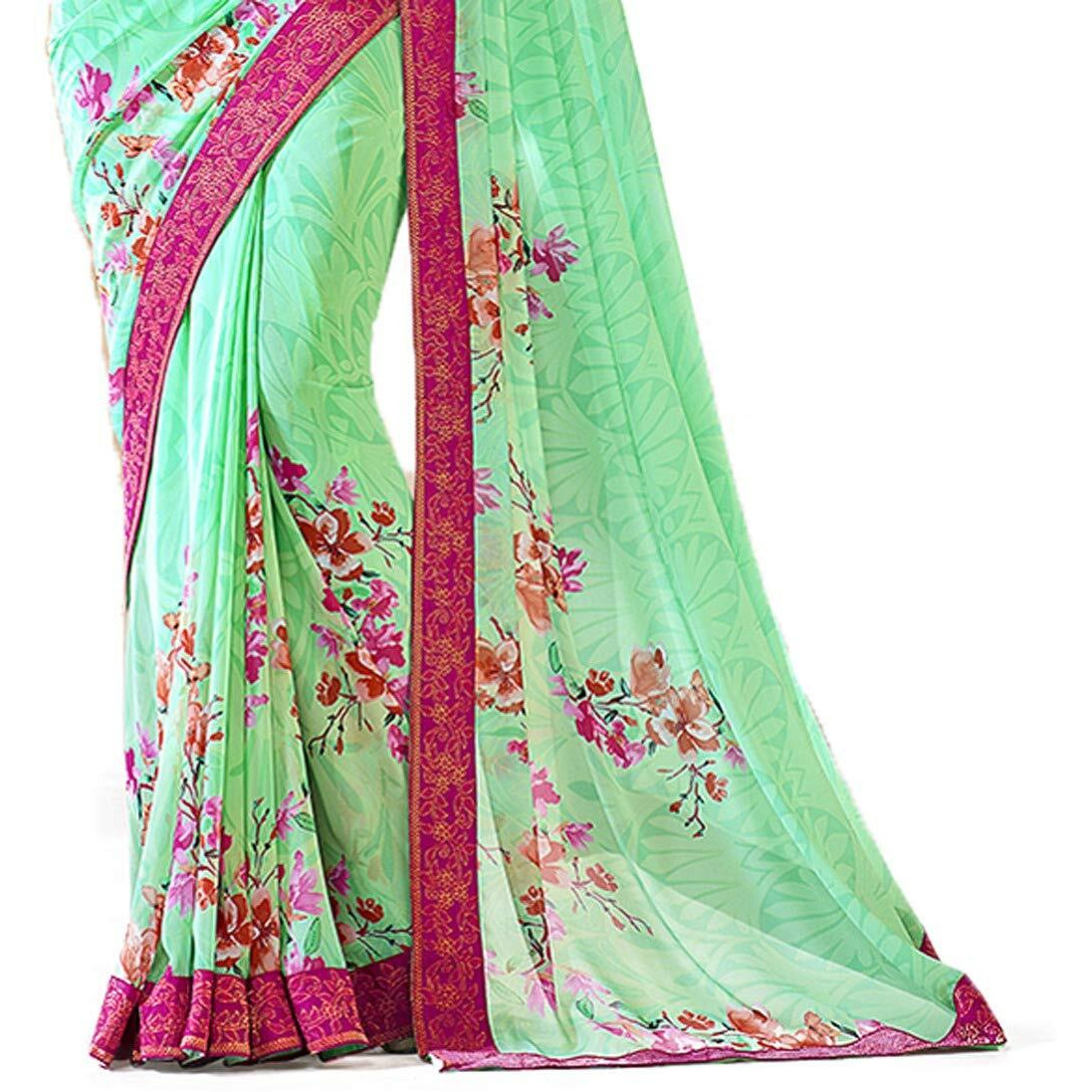 Shruhad Womens Georgette Printed Sarees Jacquard Lace Border Work Saree With Blouse Piece (Multicolored Free Size 6.30 Mtr) (LIGHT GREEN)