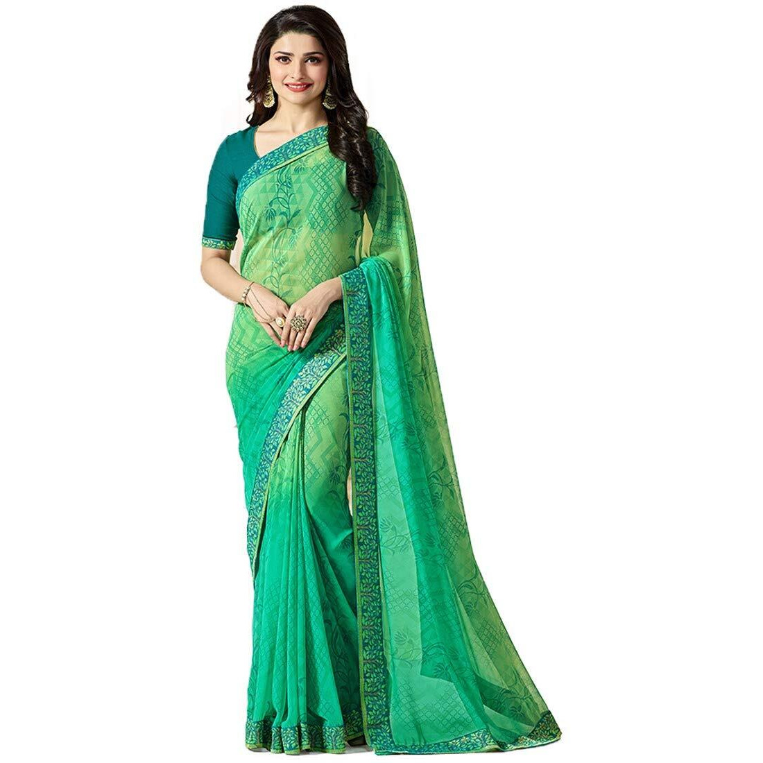 Shruhad Womens Georgette Printed Sarees Jacquard Lace Border Work Saree With Blouse Piece (Multicolored Free Size 6.30 Mtr) (GREEN)