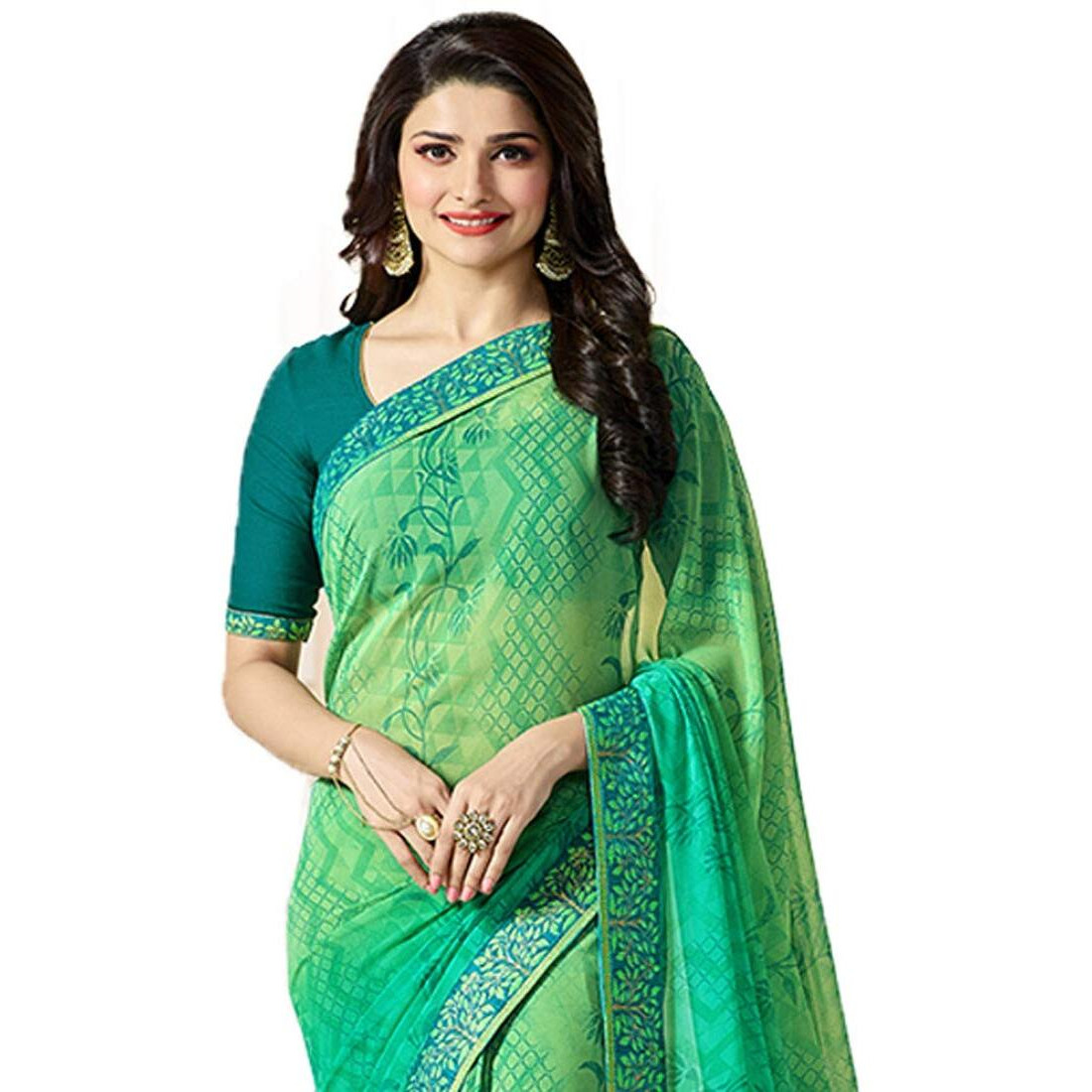 Shruhad Womens Georgette Printed Sarees Jacquard Lace Border Work Saree With Blouse Piece (Multicolored Free Size 6.30 Mtr) (GREEN)