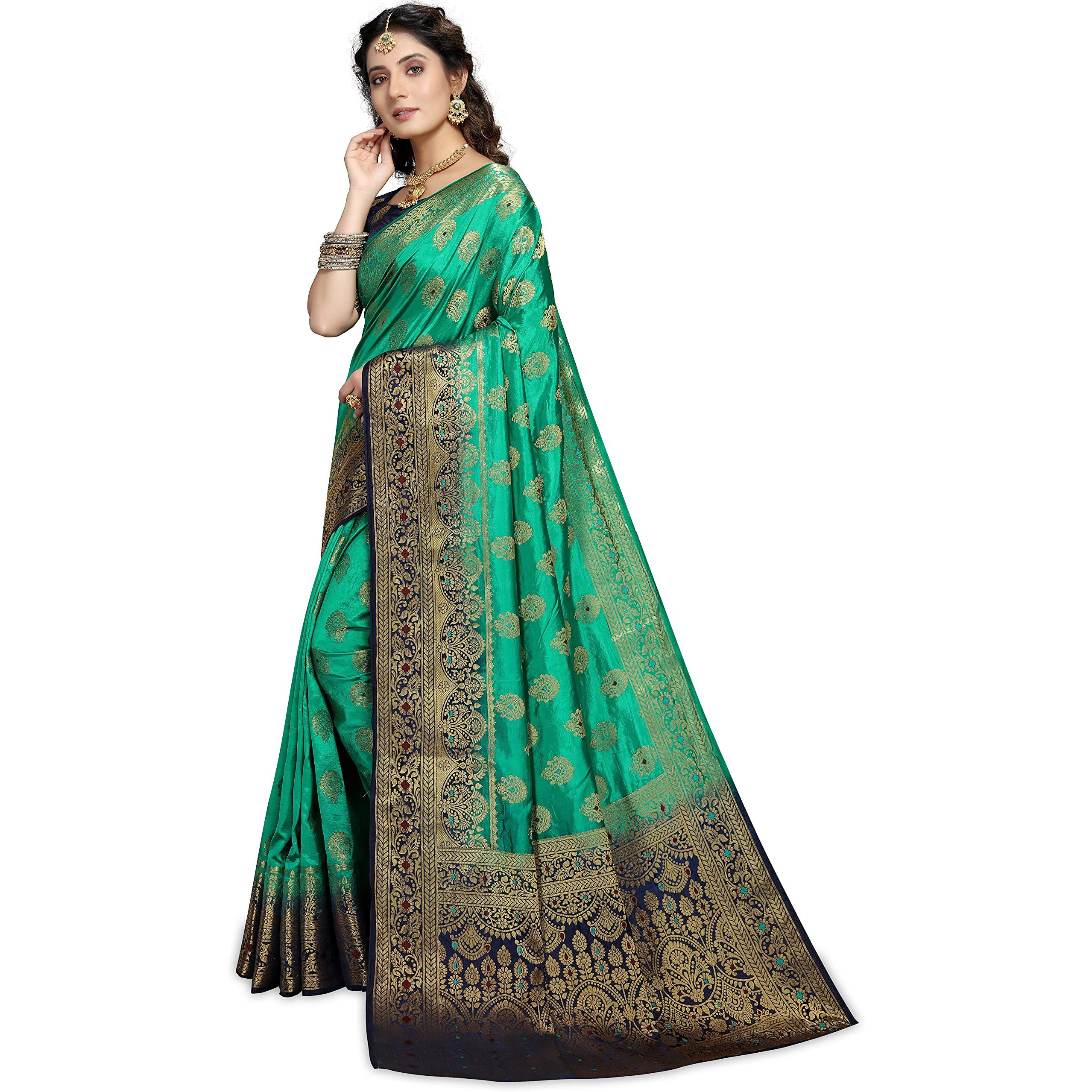 C J Enterprise Womens Pure Soft Kanjivaram Silk Saree Kanchipuram Pattu Sarees Banarasi Design Wear Latest Party Cotton Sari With Blouse Piece for Wedding 2023 sadi 2024 (perashooot paithani Green)