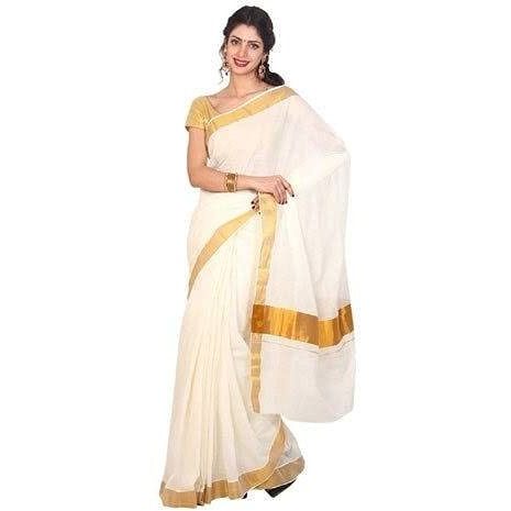 Womens Jacquard Cotton Saree with Blouse (SAS-1_Half White).