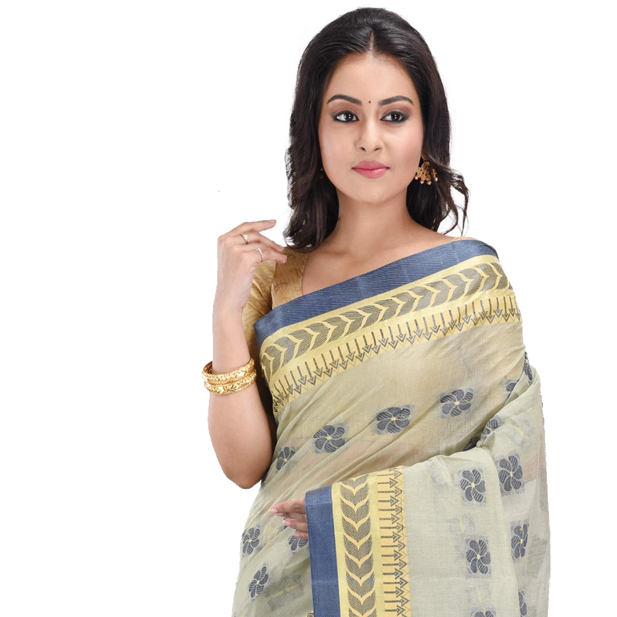 RAJ SAREE HOUSE Womens Traditional Pure Cotton Bengali Handloom Tant Saree - Without Blouse Piece(RSH-805-03 /Off-White)