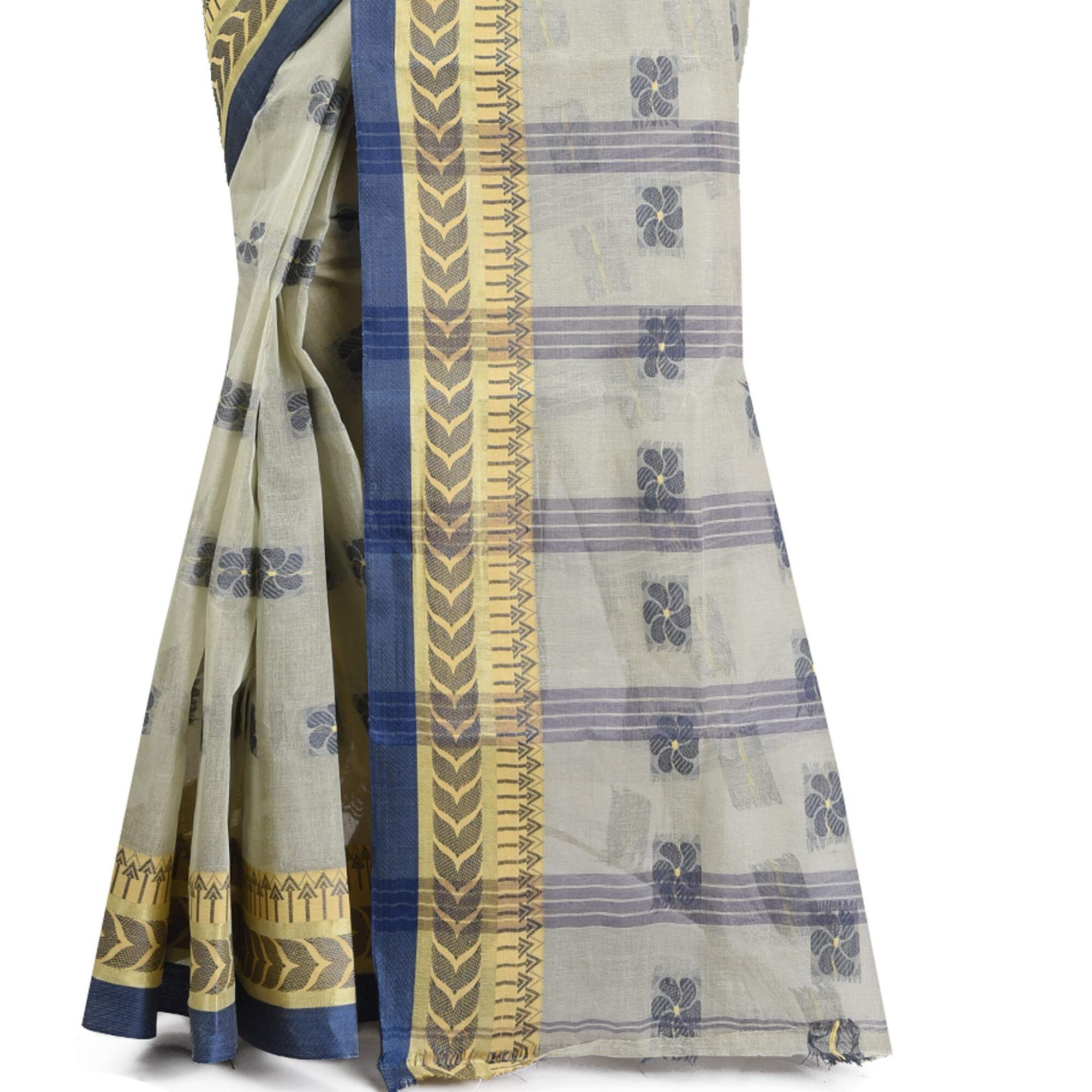 RAJ SAREE HOUSE Womens Traditional Pure Cotton Bengali Handloom Tant Saree - Without Blouse Piece(RSH-805-03 /Off-White)