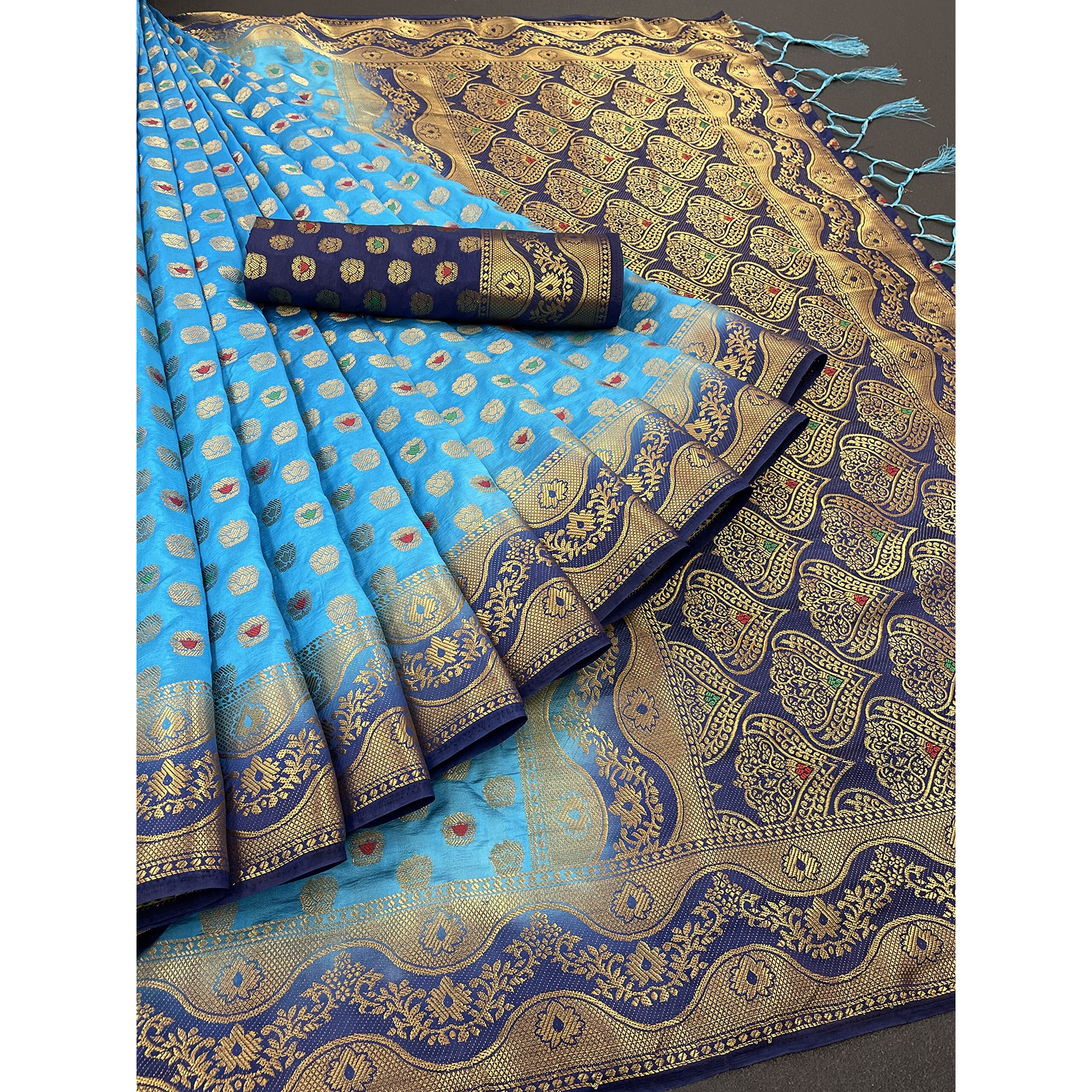 iZibra Women Kanjivaram Soft Cotton Silk Saree Pattu Sarees Banarasi Original Kanchipuram Pure Silk Design with Blouse for Wedding sadi new ladies 2022 (Meena-Wave) (SkyBlue NavyBlue)