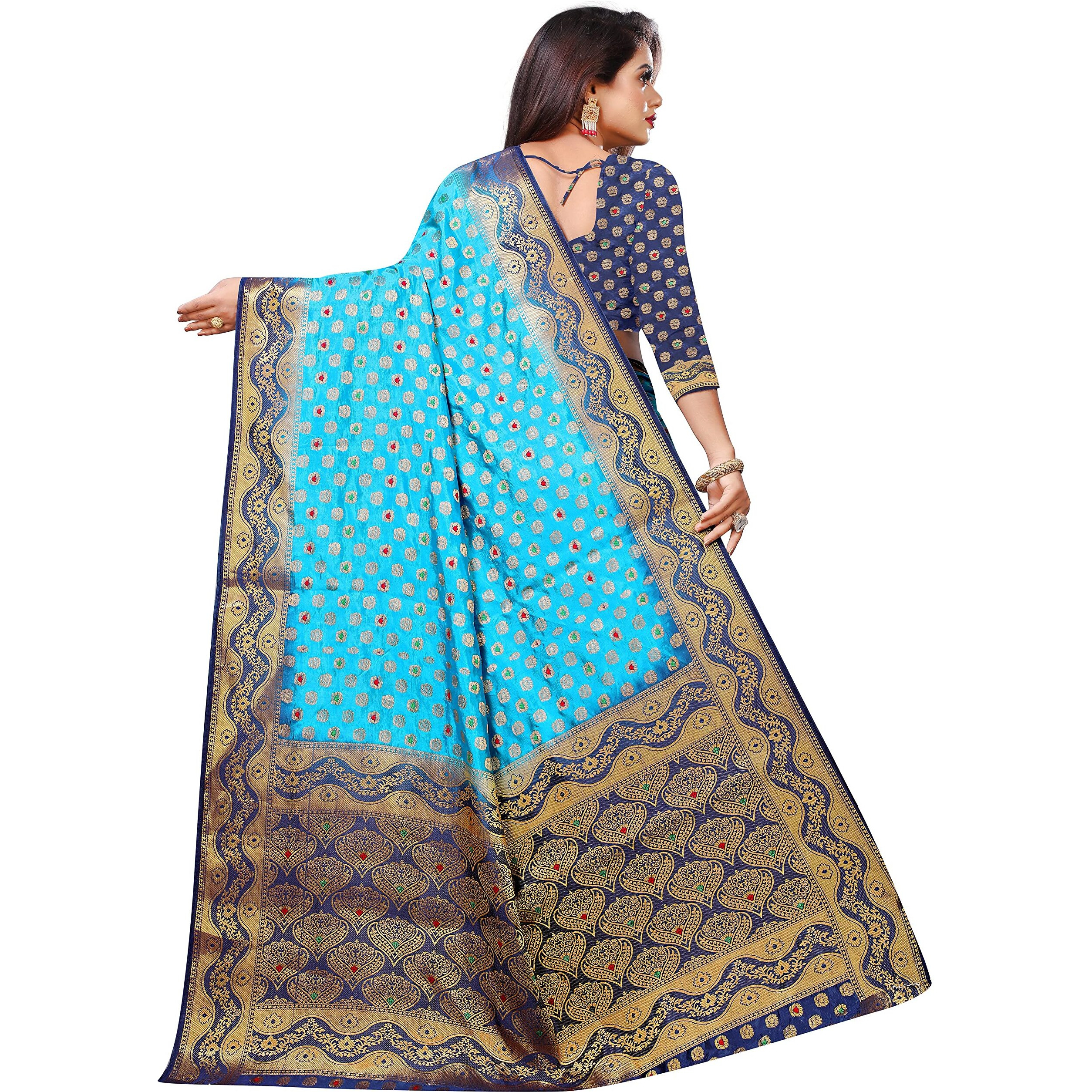 iZibra Women Kanjivaram Soft Cotton Silk Saree Pattu Sarees Banarasi Original Kanchipuram Pure Silk Design with Blouse for Wedding sadi new ladies 2022 (Meena-Wave) (SkyBlue NavyBlue)