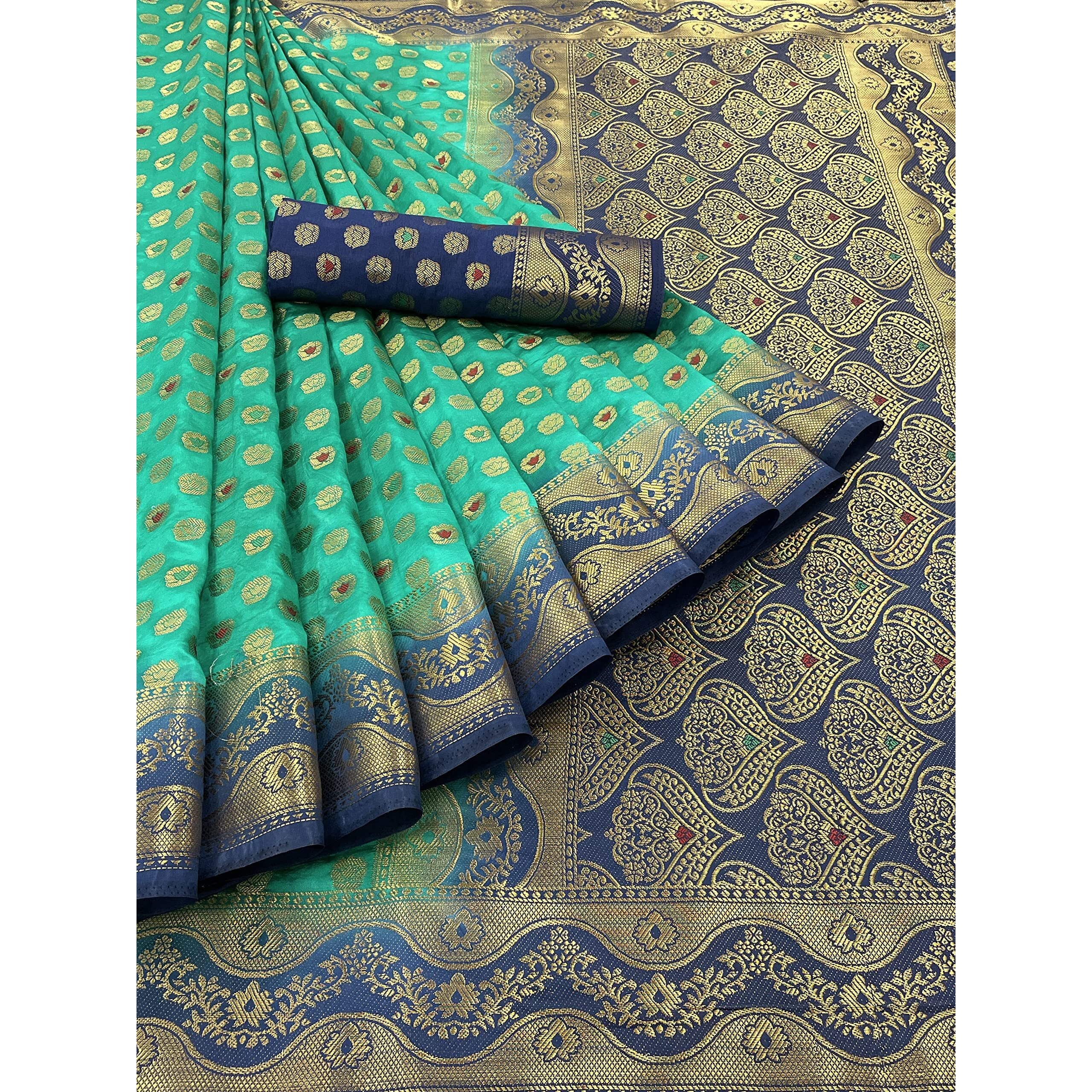 iZibra Women Kanjivaram Soft Cotton Silk Saree Pattu Sarees Banarasi Original Kanchipuram Pure Silk Design with Blouse for Wedding sadi new ladies 2022 (Meena-Wave) (Green NavyBlue)