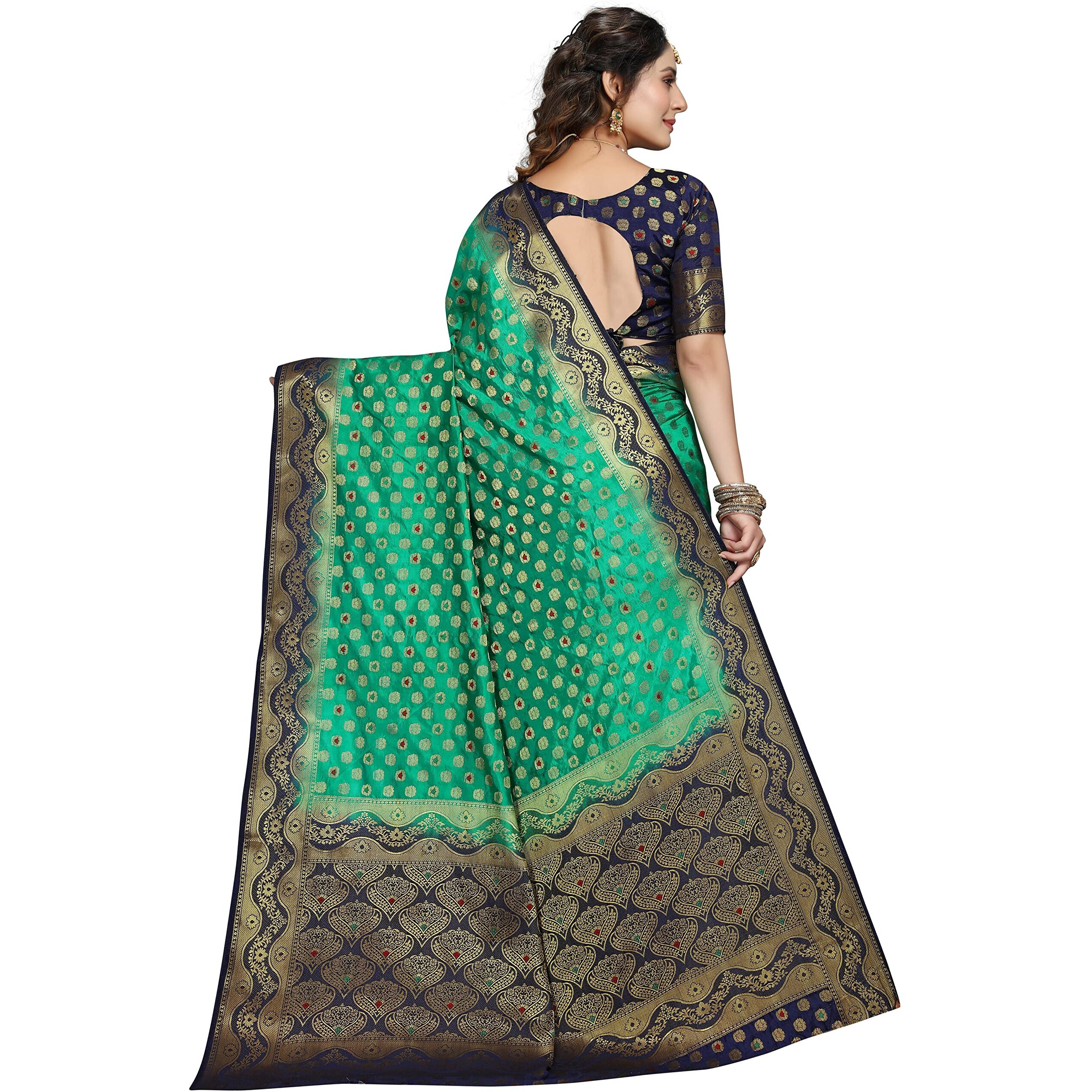 iZibra Women Kanjivaram Soft Cotton Silk Saree Pattu Sarees Banarasi Original Kanchipuram Pure Silk Design with Blouse for Wedding sadi new ladies 2022 (Meena-Wave) (Green NavyBlue)