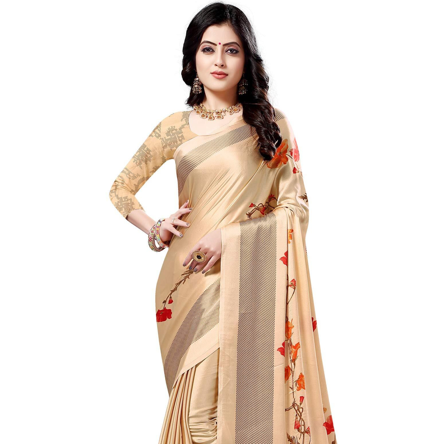 Satrani Womens Crepe Saree With Blouse Piece (1538ST124_Cream_One Size_Cream)