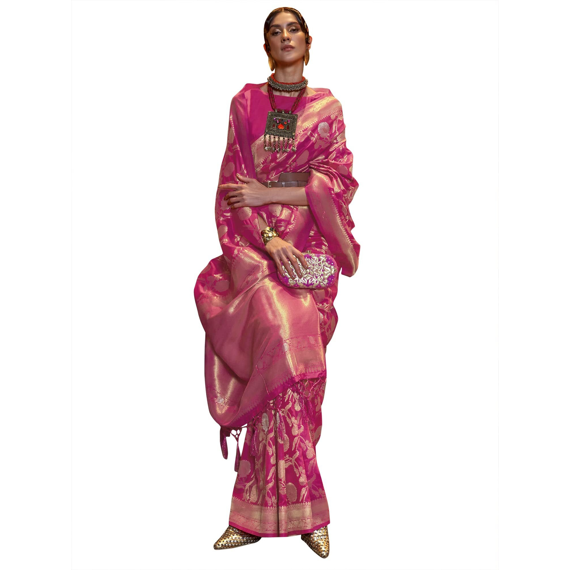 AKHILAM Womens Woven Design Silk Blend Saree With Unstitched Blouse Piece (Pink_KAIROS258007)