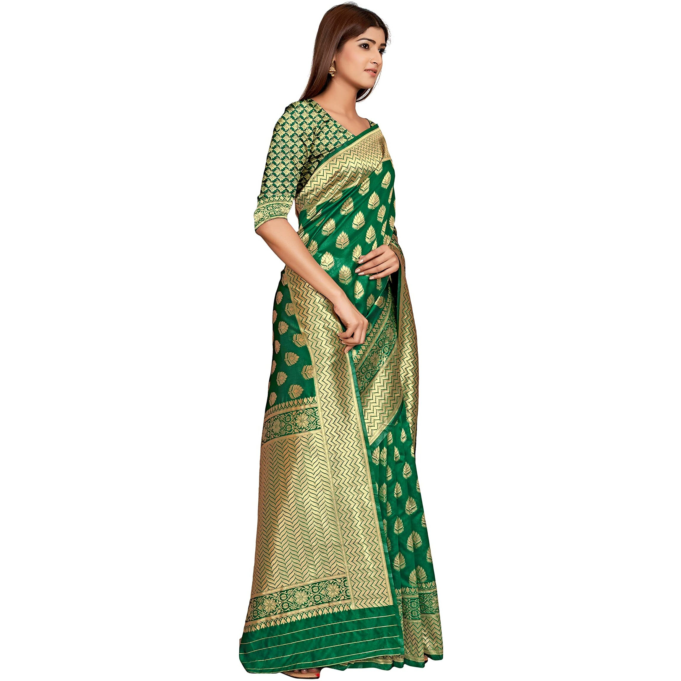 Palvan Sarees for Women Banarasi Kanjivaram Silk Woven Sari | Indian Wedding Saree Unstitched Blouse (GREEN)