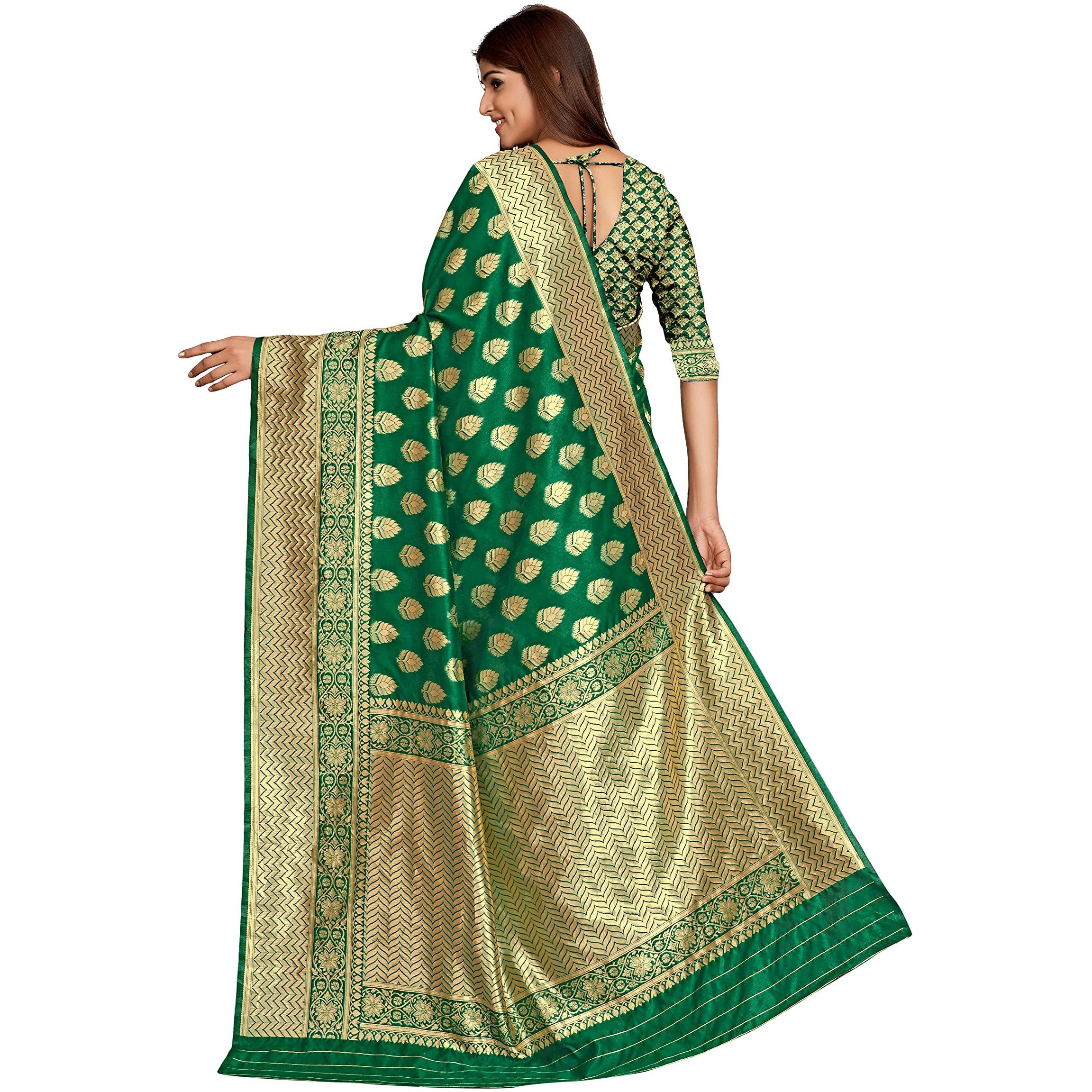 Palvan Sarees for Women Banarasi Kanjivaram Silk Woven Sari | Indian Wedding Saree Unstitched Blouse (GREEN)