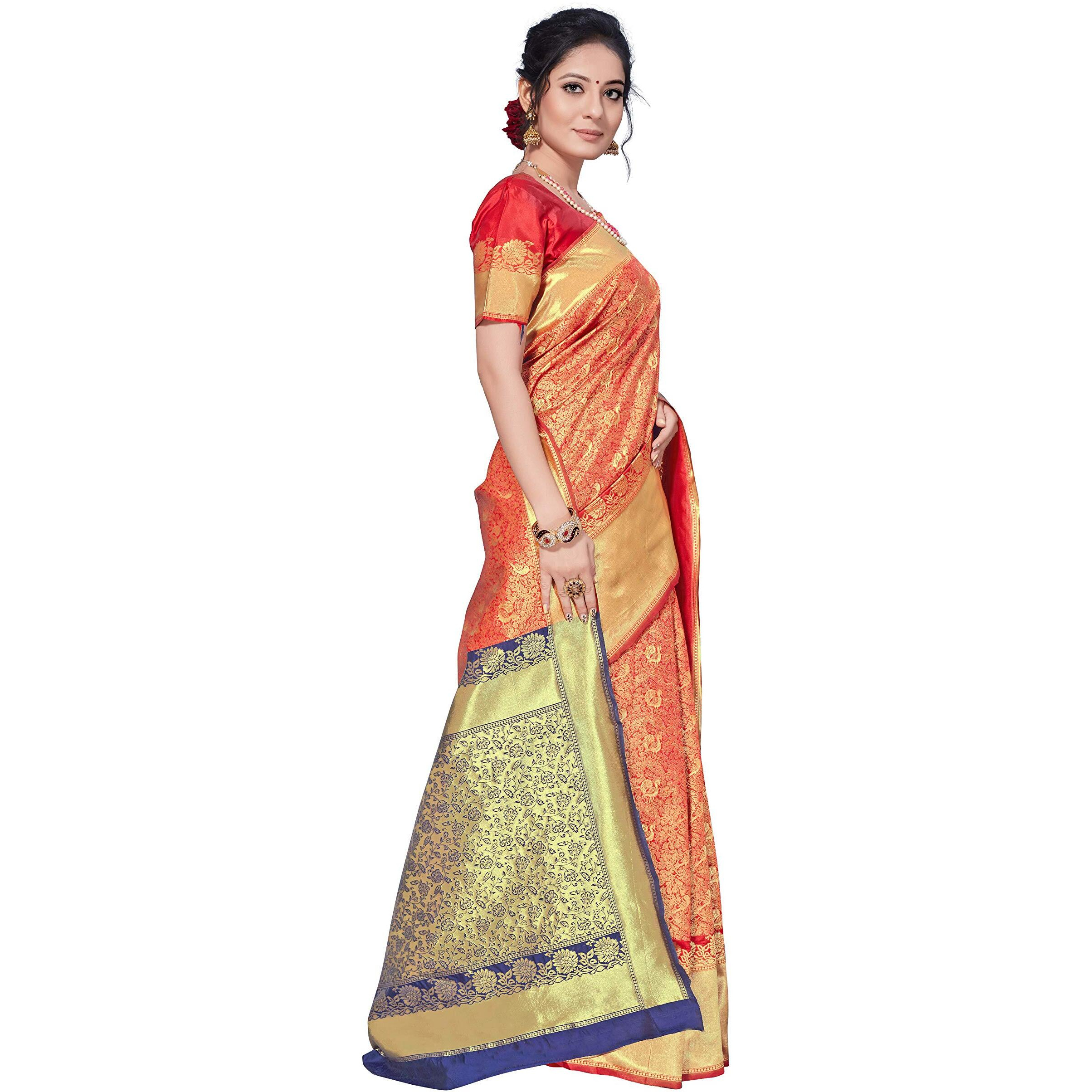 AKHILAM Womens Kanjivaram Silk Woven Design Saree With Unstitched Blouse Piece(Red & Navy Blue_VORE8006)