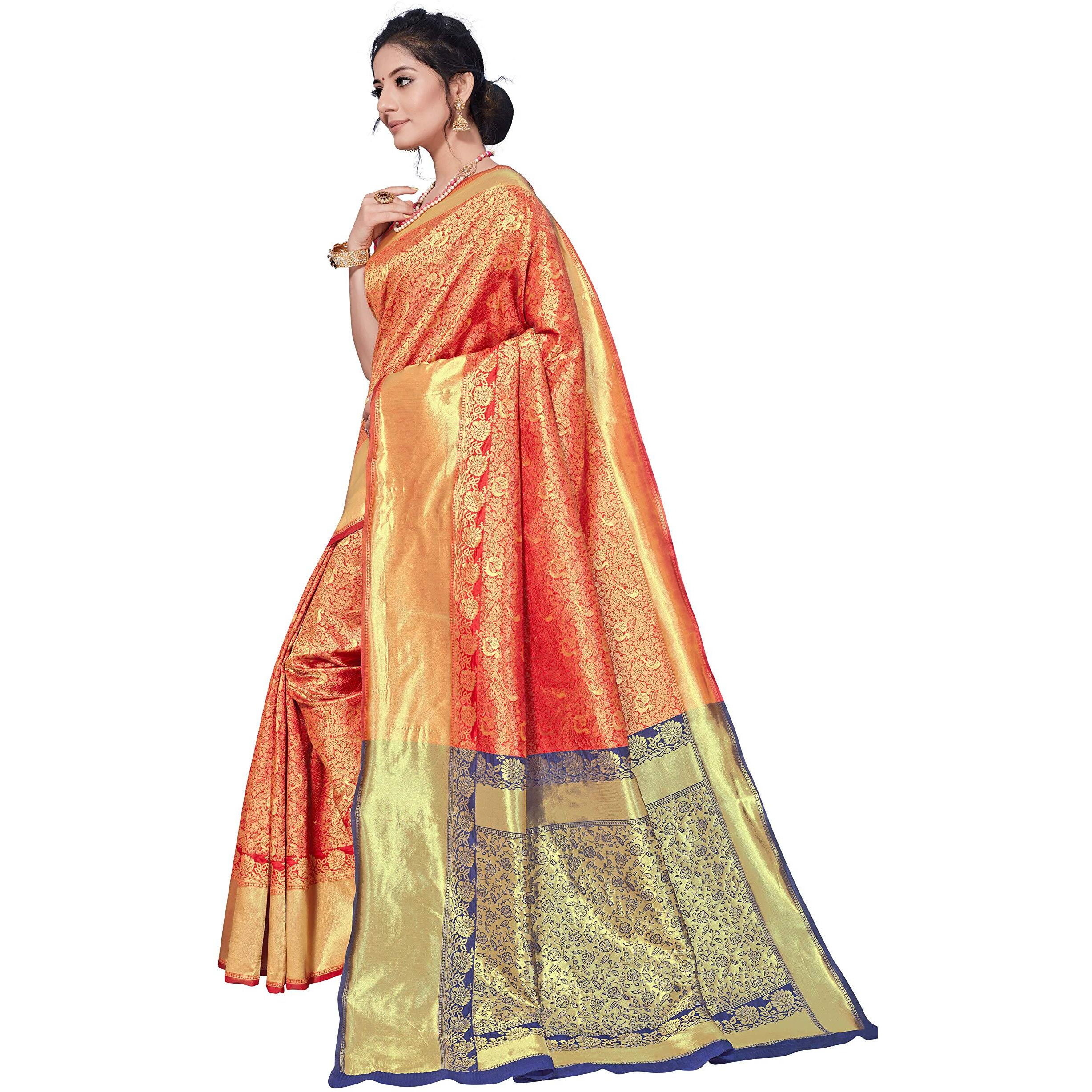 AKHILAM Womens Kanjivaram Silk Woven Design Saree With Unstitched Blouse Piece(Red & Navy Blue_VORE8006)