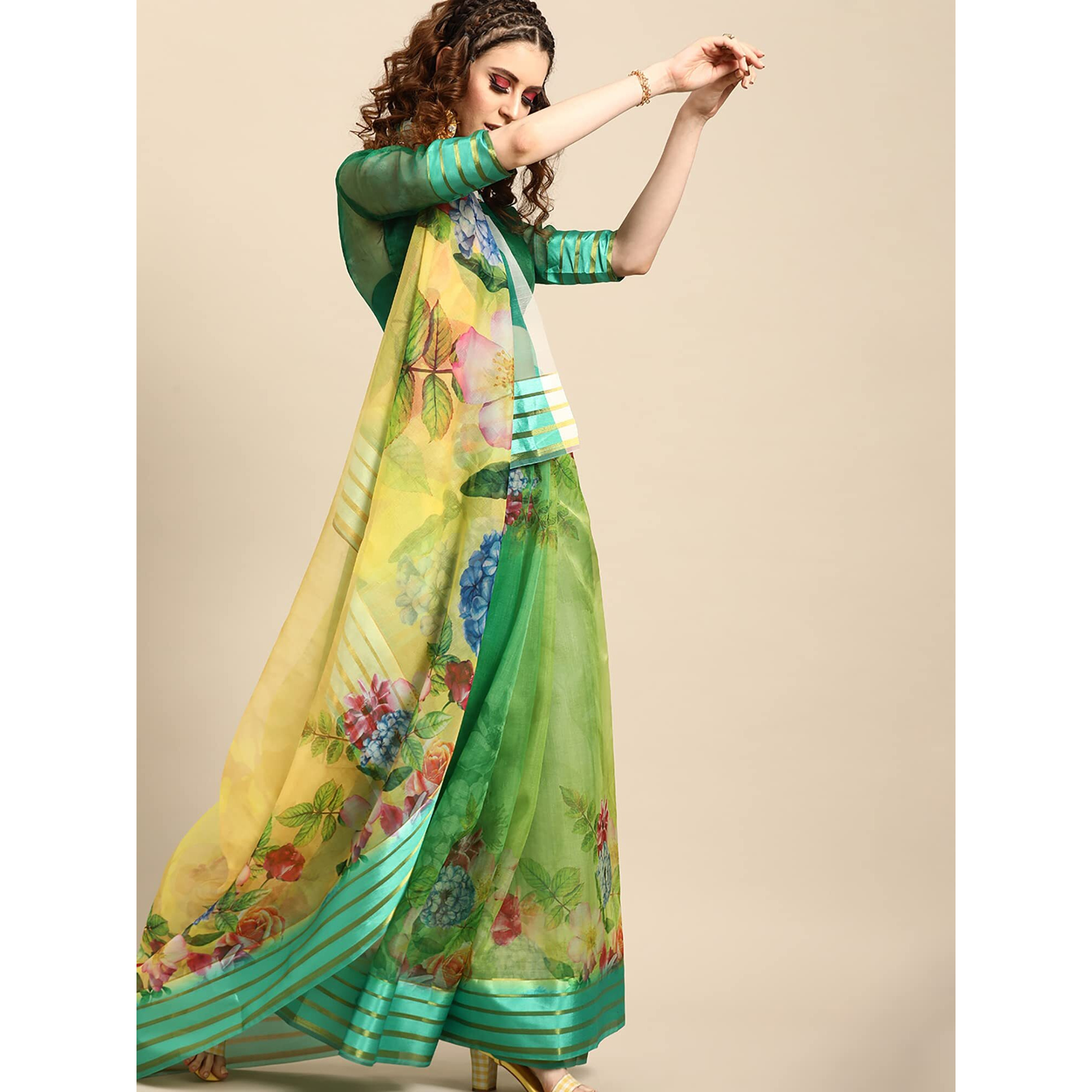 AKHILAM Womens Knit Floral Printed Organza Saree with Unstitched Blouse Piece (Green_FF0SAGE1004)