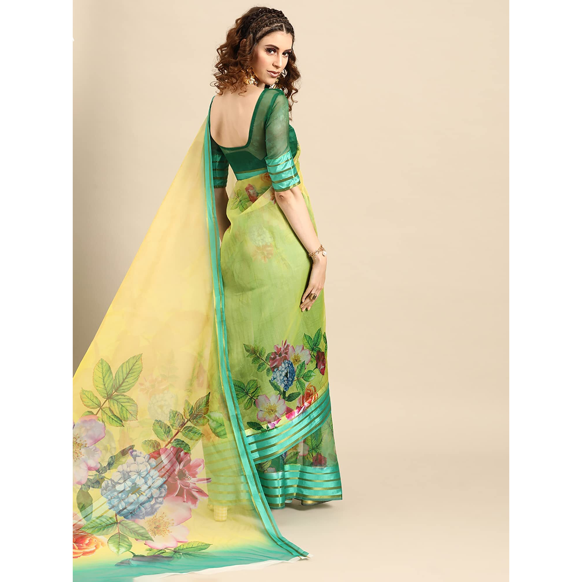 AKHILAM Womens Knit Floral Printed Organza Saree with Unstitched Blouse Piece (Green_FF0SAGE1004)