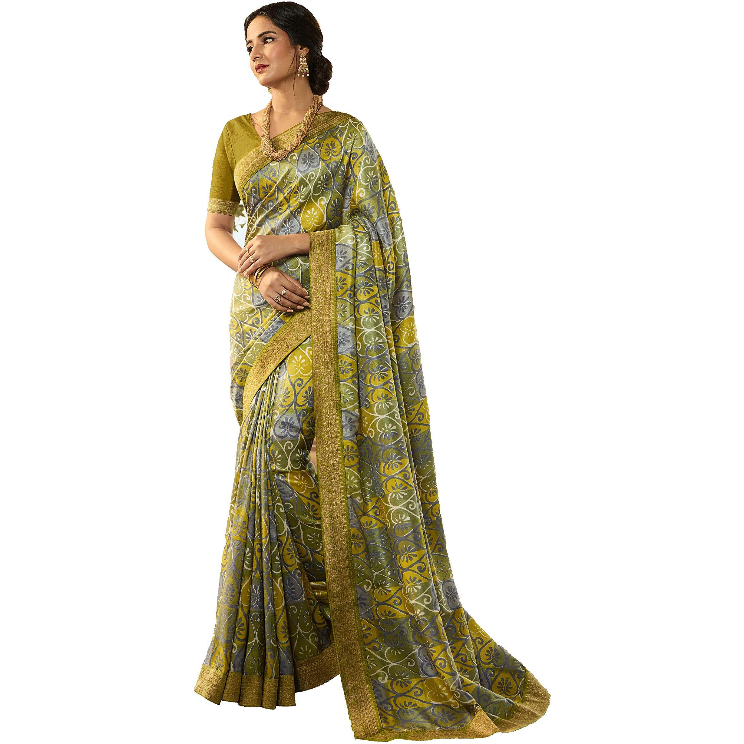 Shruhad  Womens Kanjivaram Silk Printed Saree in Grey Color with Jacquard Lace Border & Blouse Piece (Saree Length 6.3 Mtr) (grey)