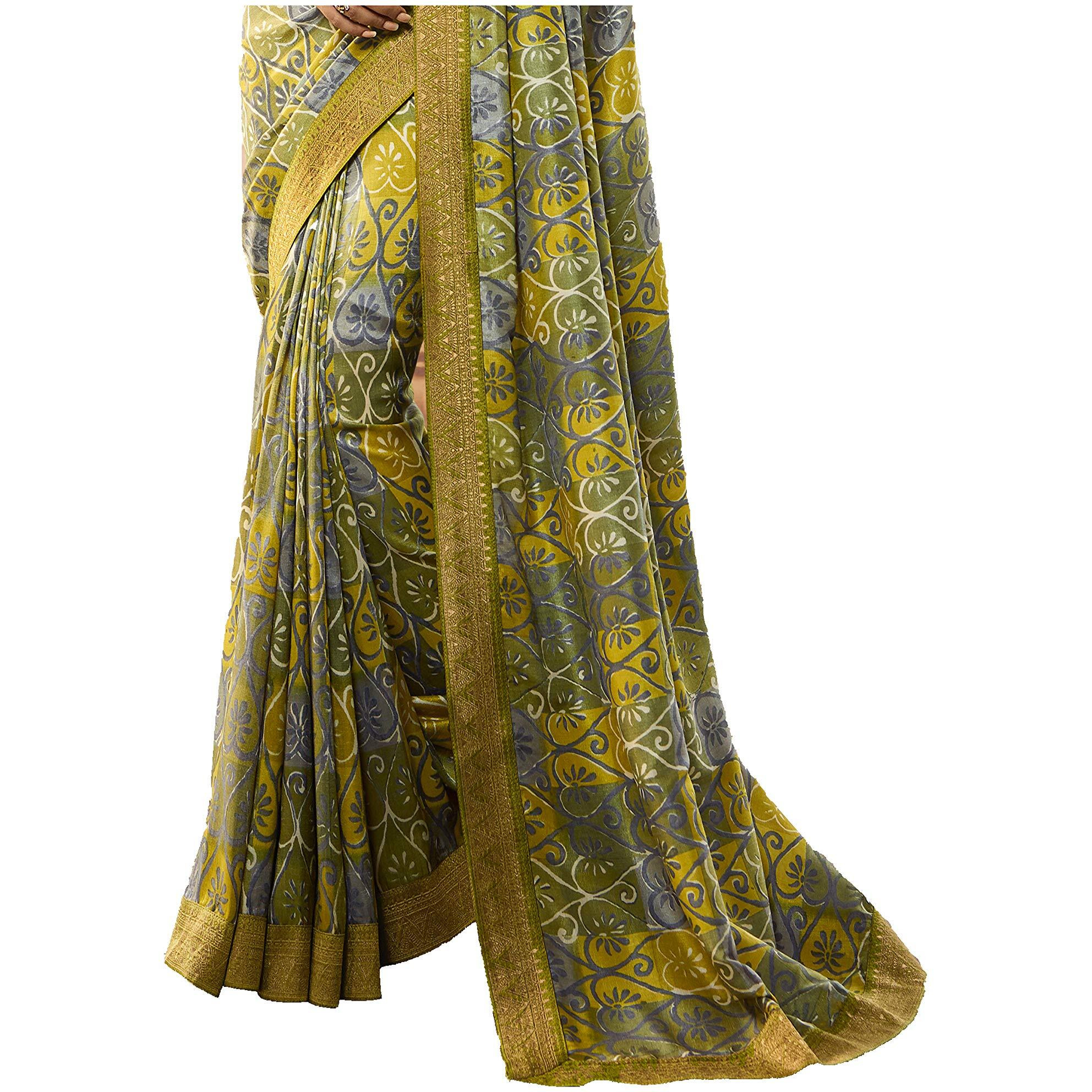 Shruhad  Womens Kanjivaram Silk Printed Saree in Grey Color with Jacquard Lace Border & Blouse Piece (Saree Length 6.3 Mtr) (grey)