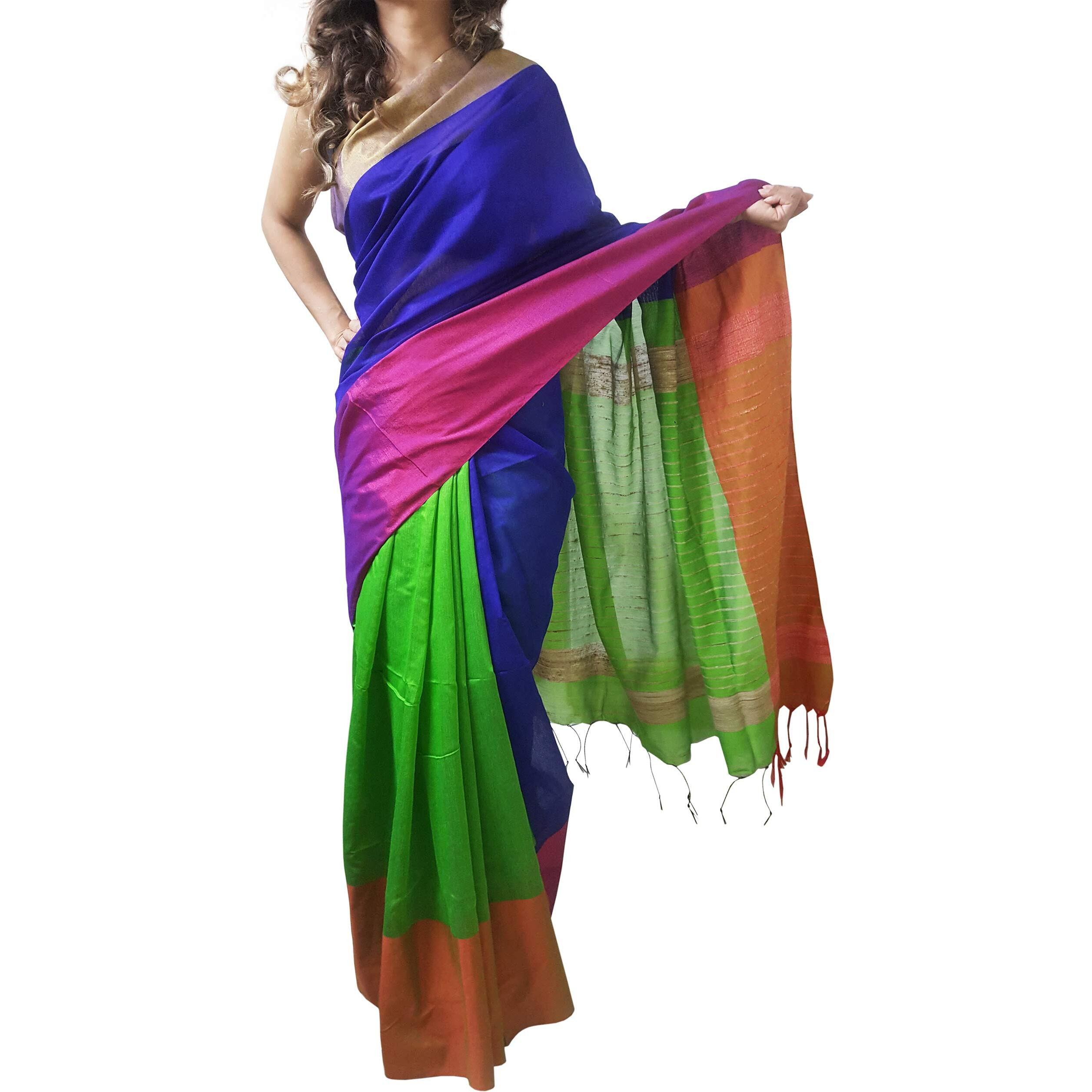 Mehrunnisa Women Handloom Cotton Silk SAREE With Blouse Piece From West Bengal (Blue & Green)