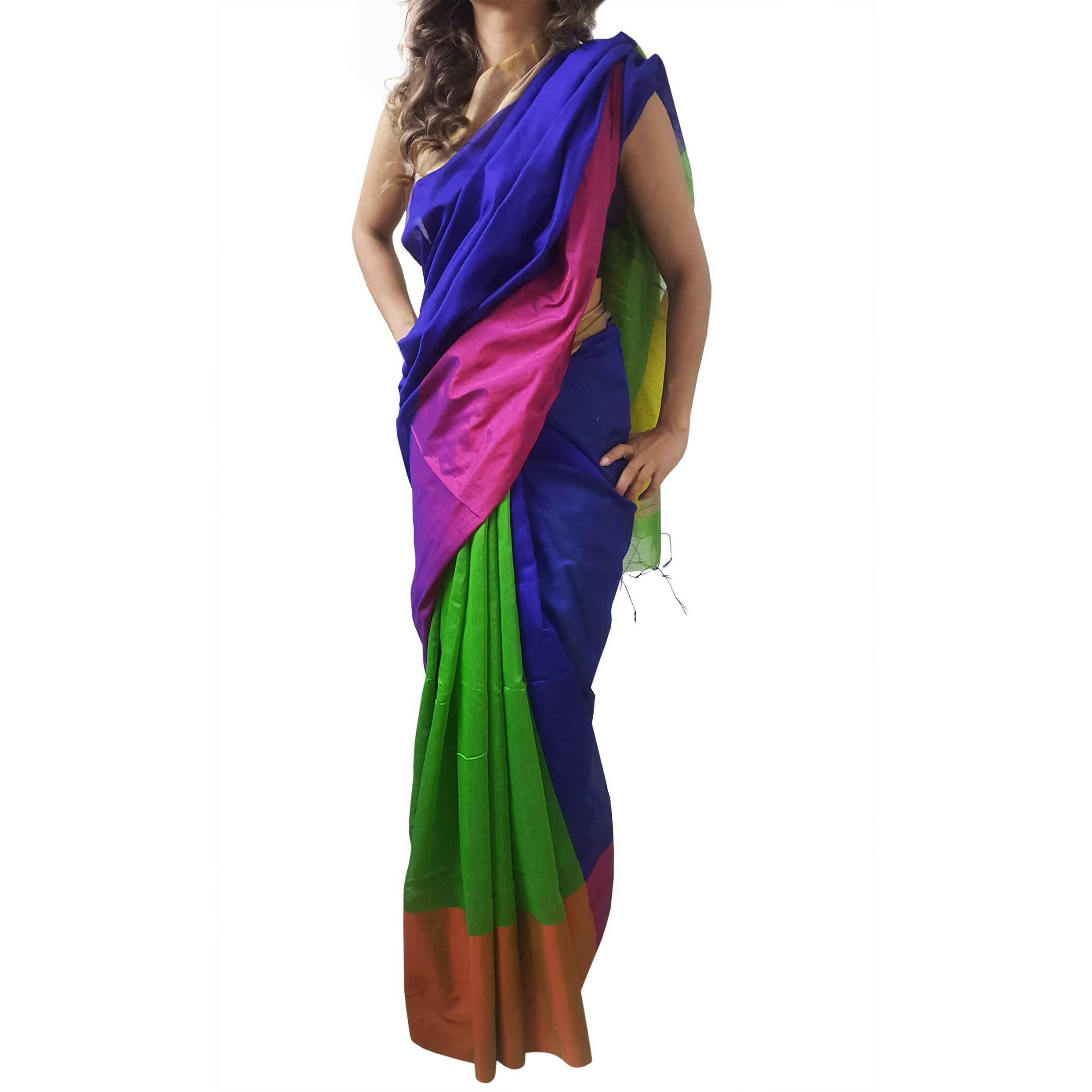 Mehrunnisa Women Handloom Cotton Silk SAREE With Blouse Piece From West Bengal (Blue & Green)