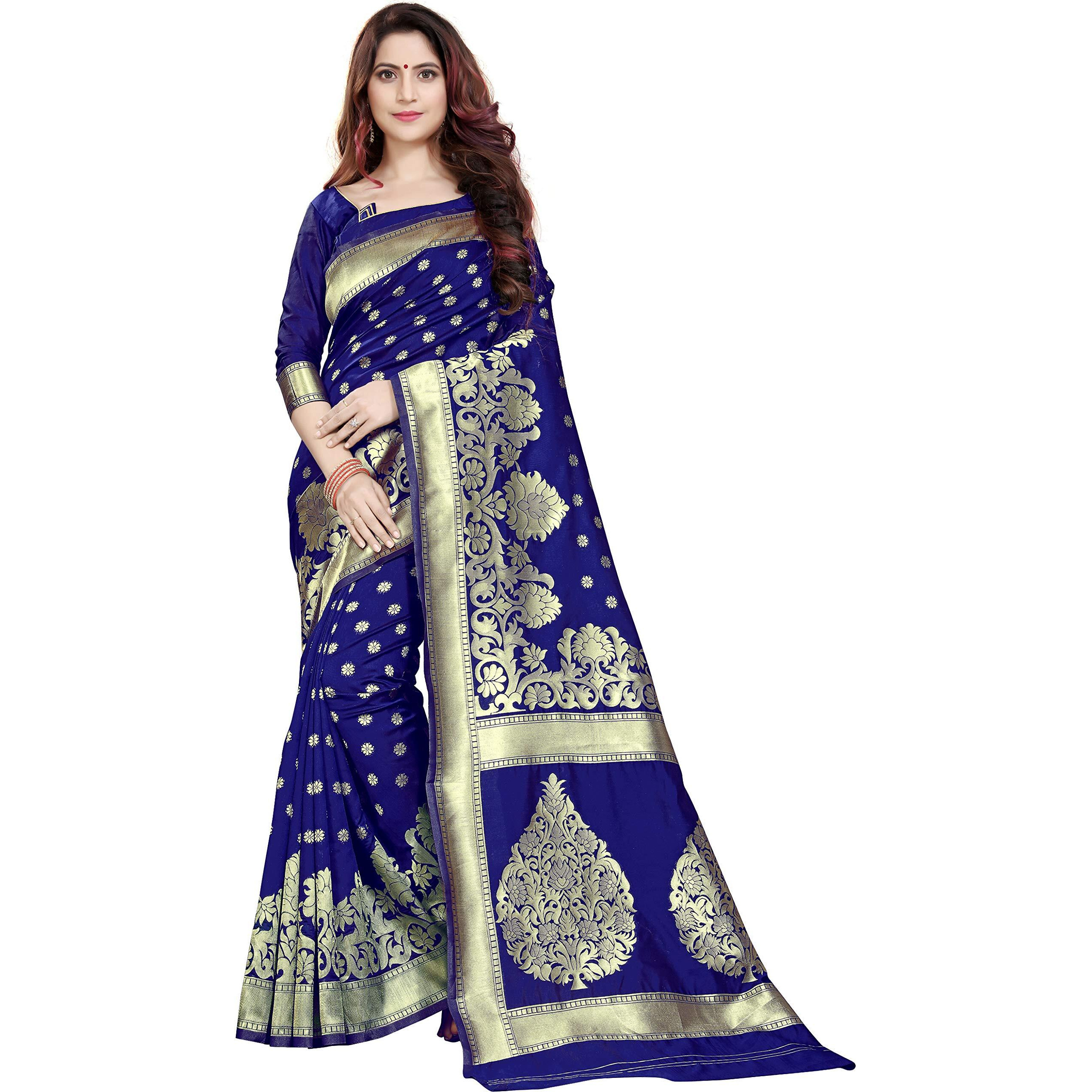 MSRETAIL m.S. Retail Womens silk blend Saree with Blouse Piece (Navy Blue)