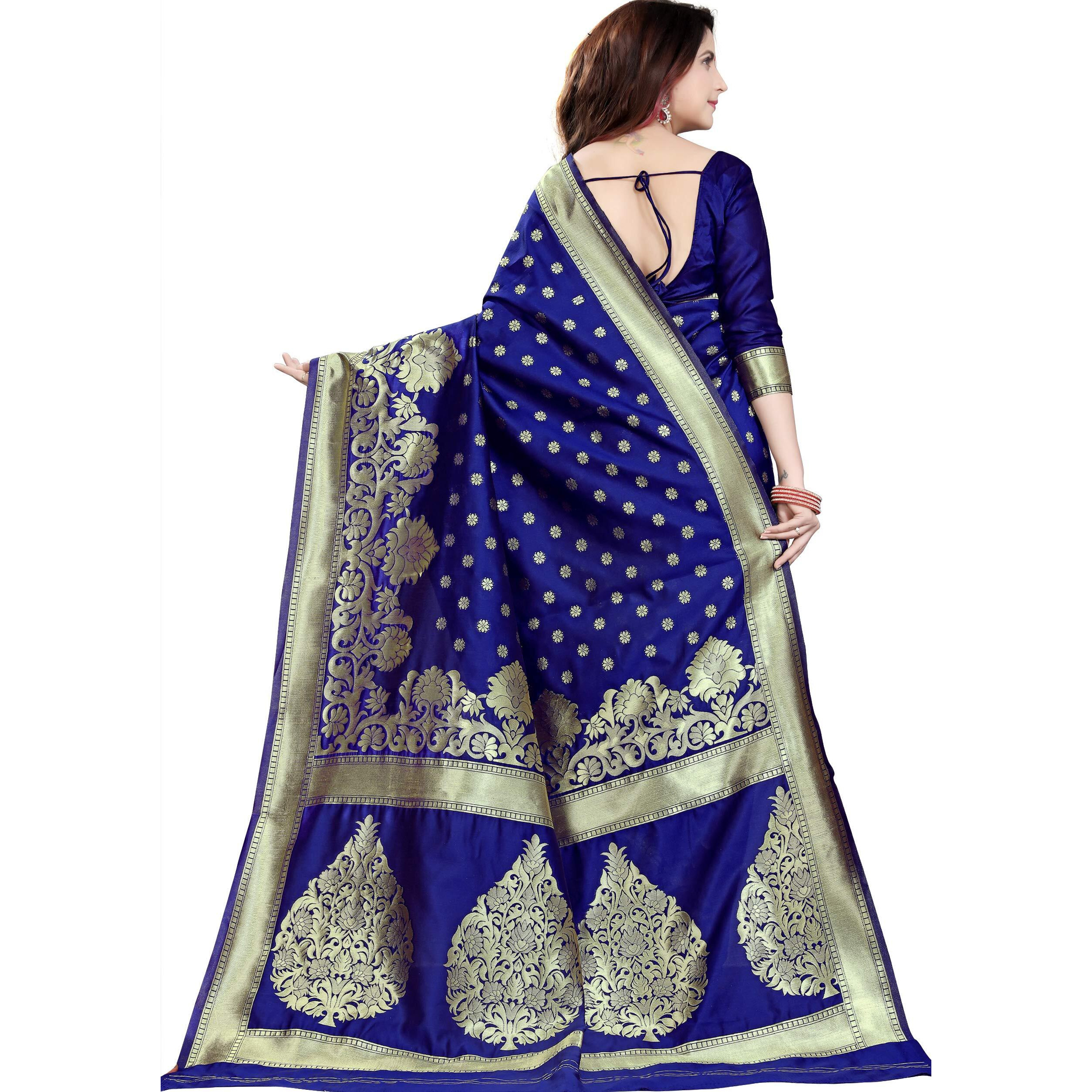 MSRETAIL m.S. Retail Womens silk blend Saree with Blouse Piece (Navy Blue)