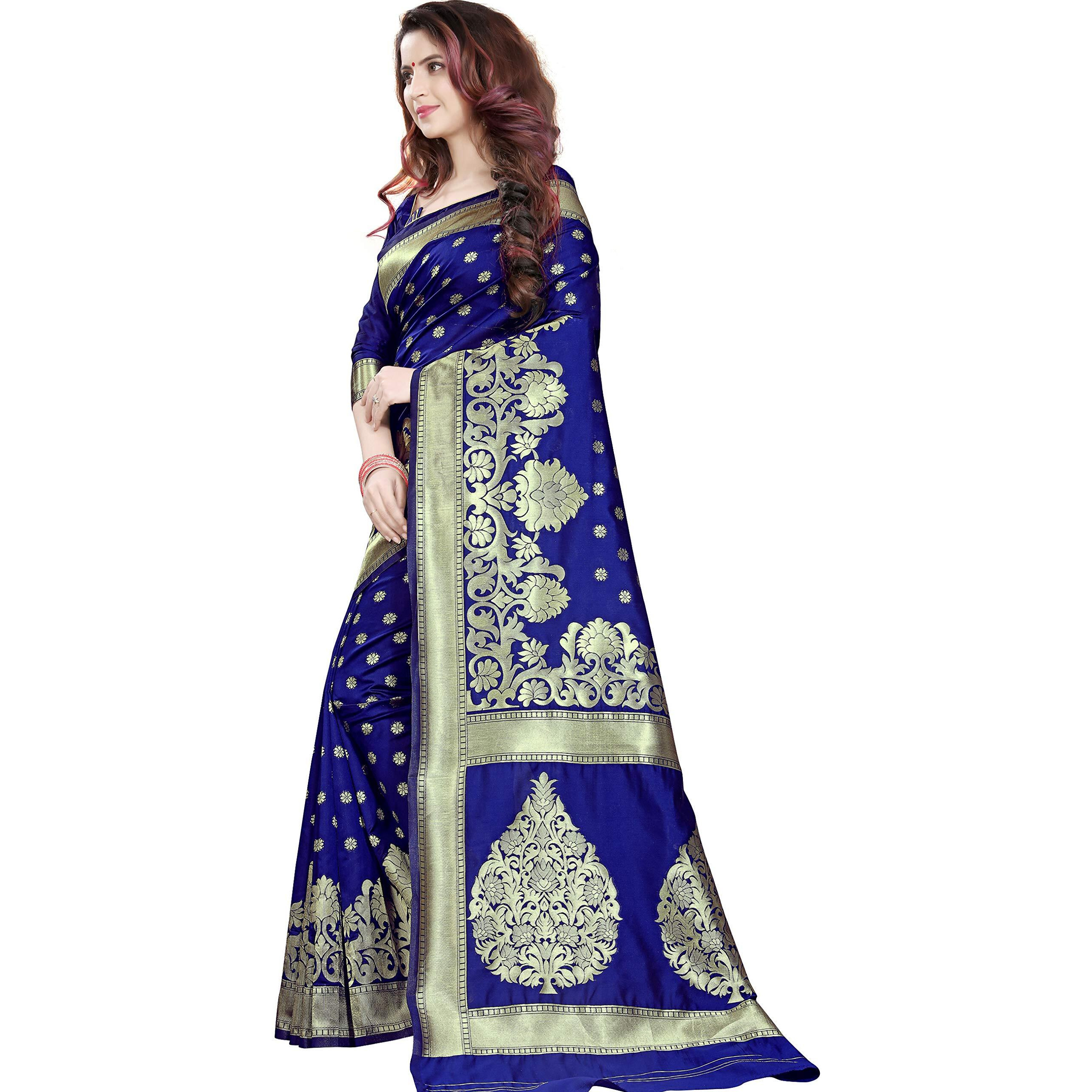 MSRETAIL m.S. Retail Womens silk blend Saree with Blouse Piece (Navy Blue)