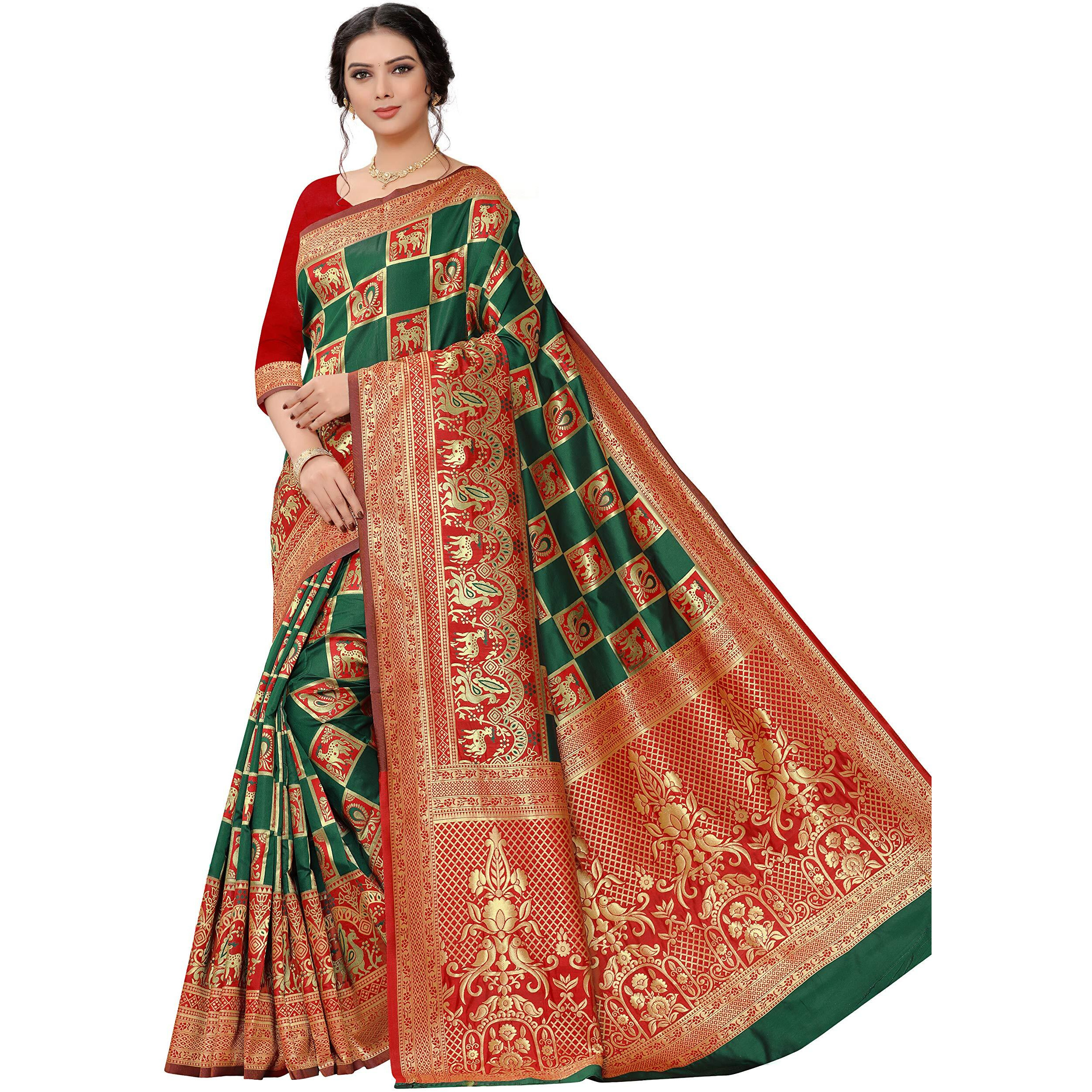 CRAFTX Womens Jacquard Banarasi Silk Saree With Blouse Piece (CT-003-GREEN_Green)