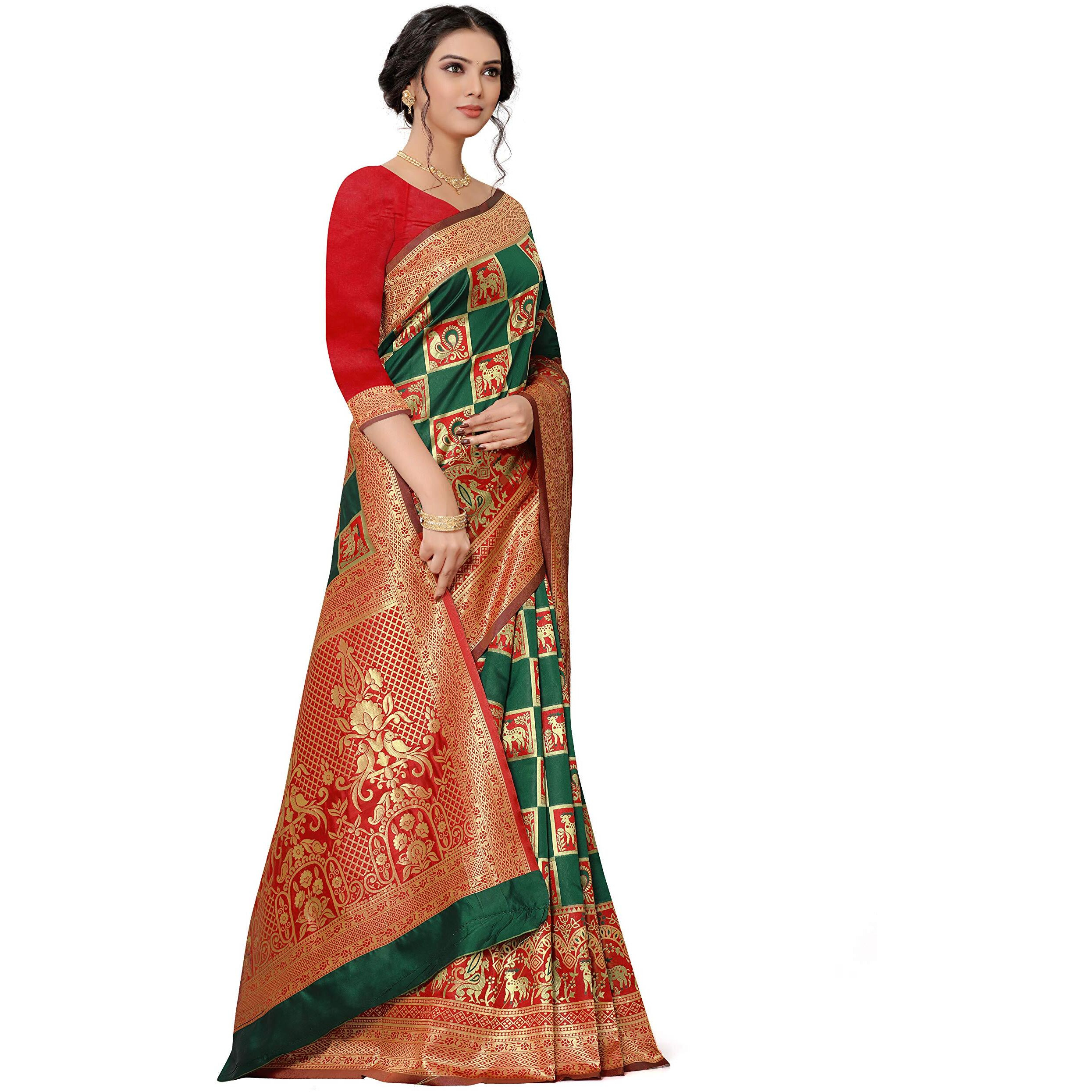 CRAFTX Womens Jacquard Banarasi Silk Saree With Blouse Piece (CT-003-GREEN_Green)