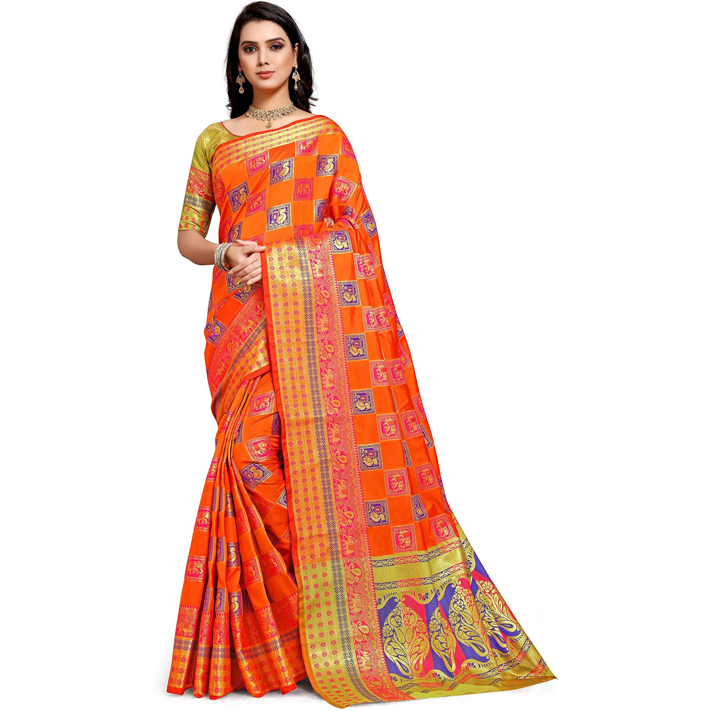 DEVANGI FASHION womens Banarasi Patola Silk Saree With zari Woven Work With Unstiched Blouse Piece