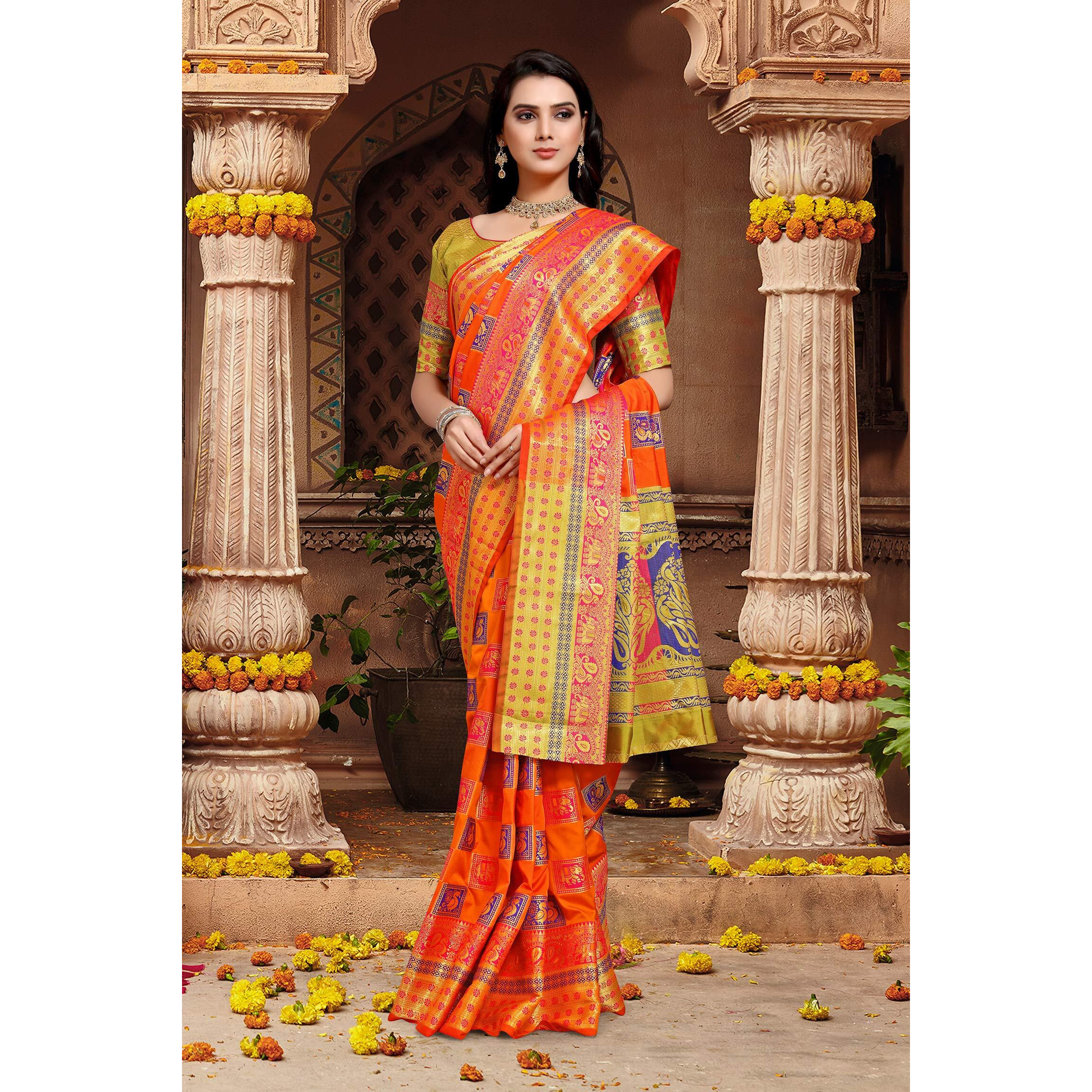 DEVANGI FASHION womens Banarasi Patola Silk Saree With zari Woven Work With Unstiched Blouse Piece