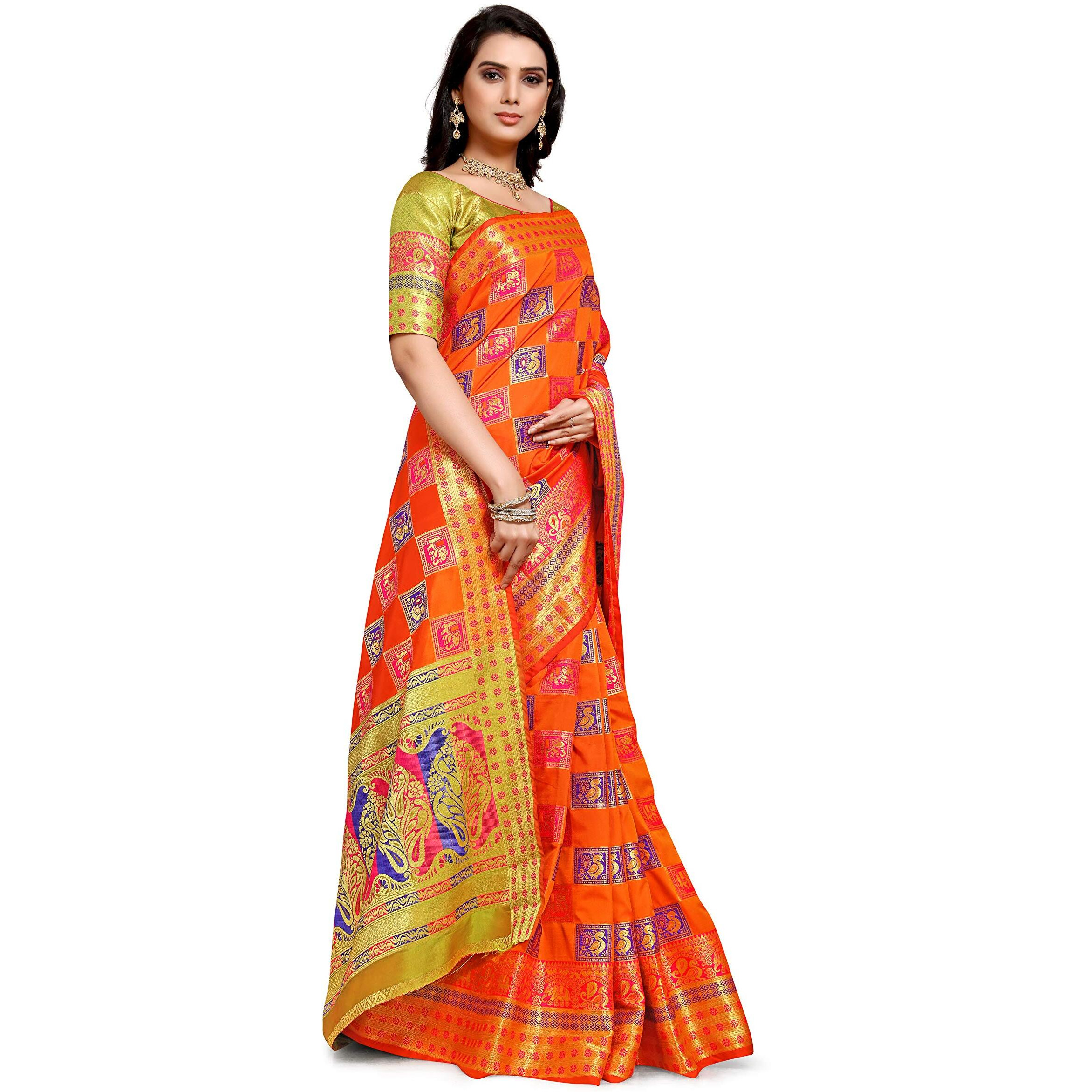 DEVANGI FASHION womens Banarasi Patola Silk Saree With zari Woven Work With Unstiched Blouse Piece