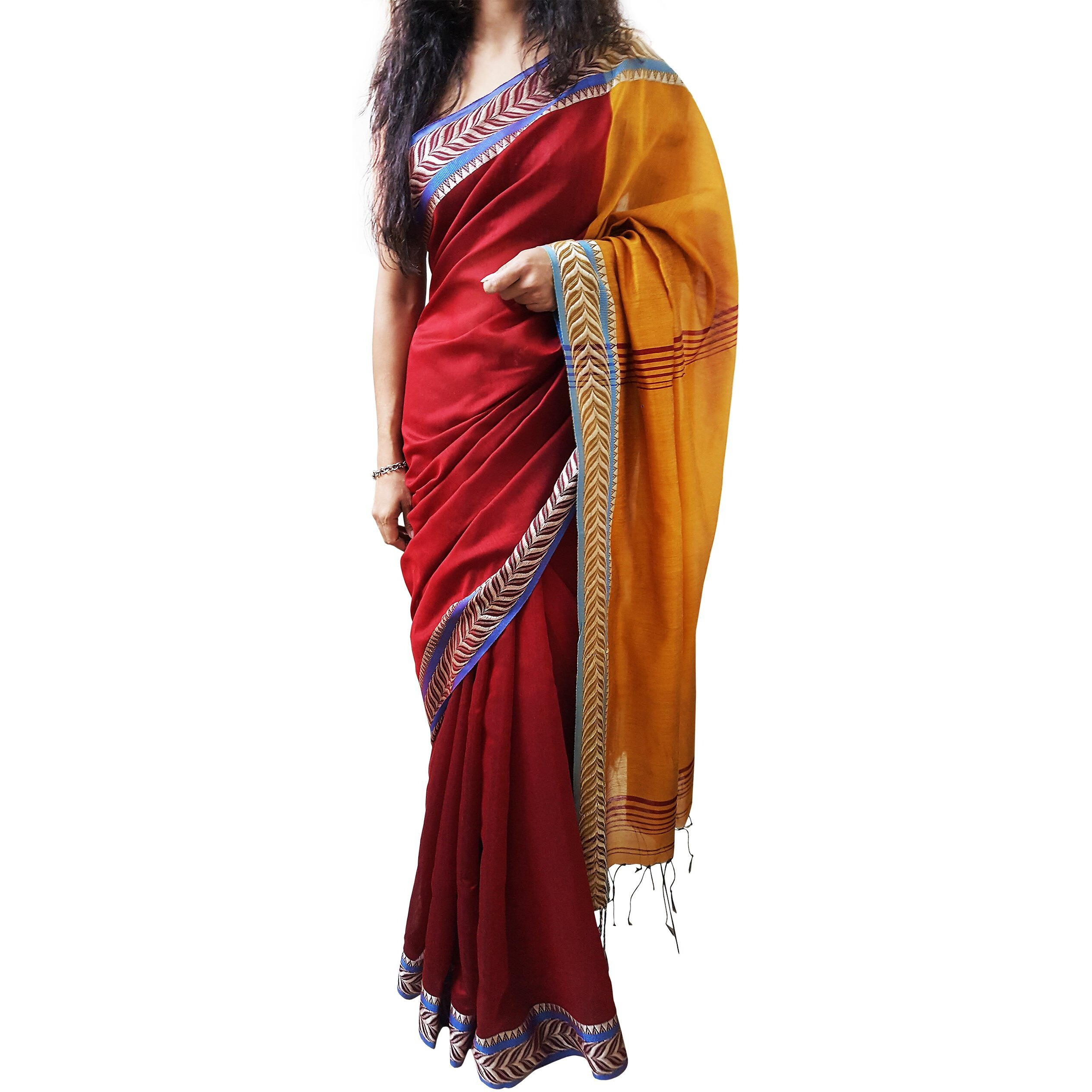 Mehrunnisa Womens Cotton Silk Saree with Blouse Piece (GAR2378_Red, Maroon & Mustard)