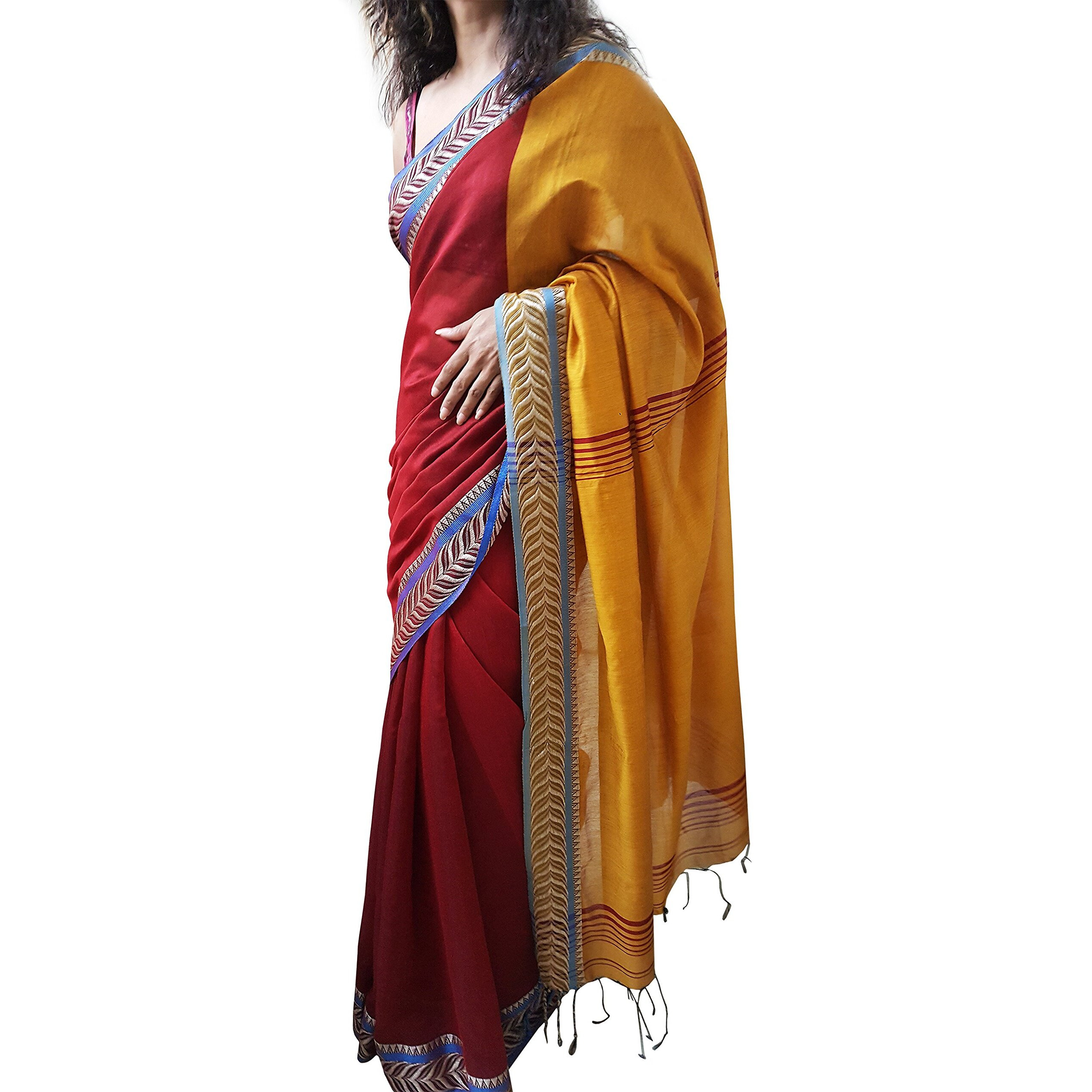 Mehrunnisa Womens Cotton Silk Saree with Blouse Piece (GAR2378_Red, Maroon & Mustard)