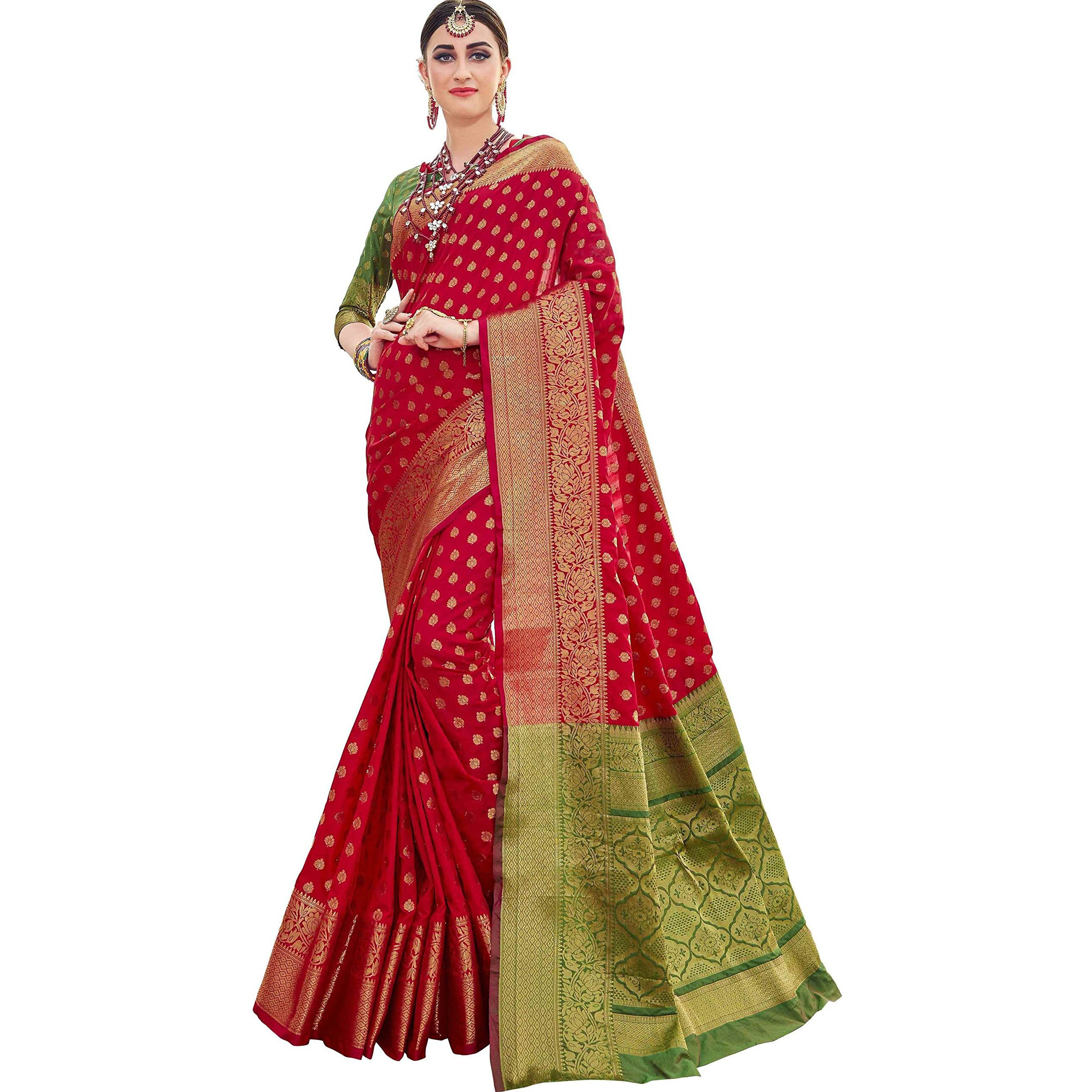 EthnicJunction Womens Banarasi Silk Saree with Booti Zari Thread Work and Blouse Piece, Free Size (Kumkum Red, EJ1178-07978R)