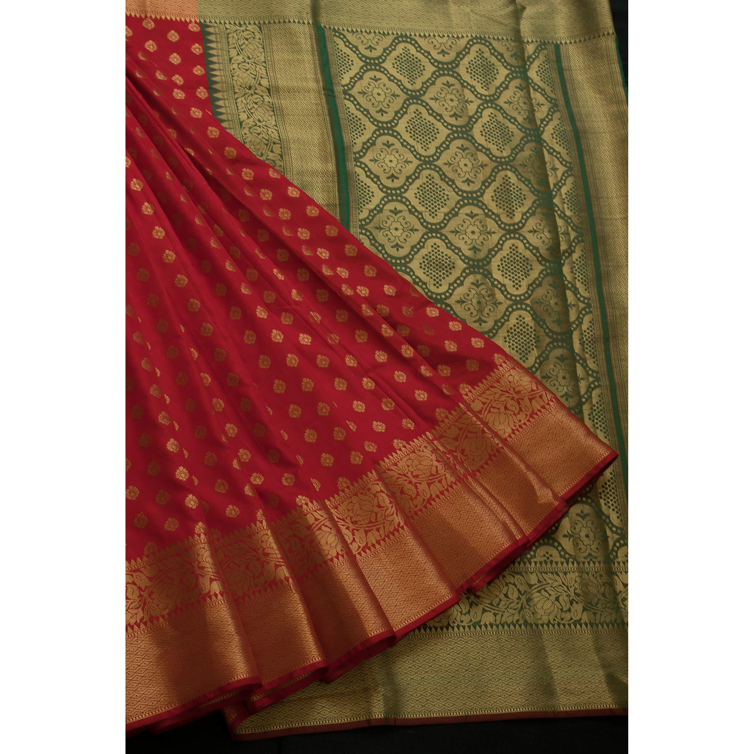 EthnicJunction Womens Banarasi Silk Saree with Booti Zari Thread Work and Blouse Piece, Free Size (Kumkum Red, EJ1178-07978R)