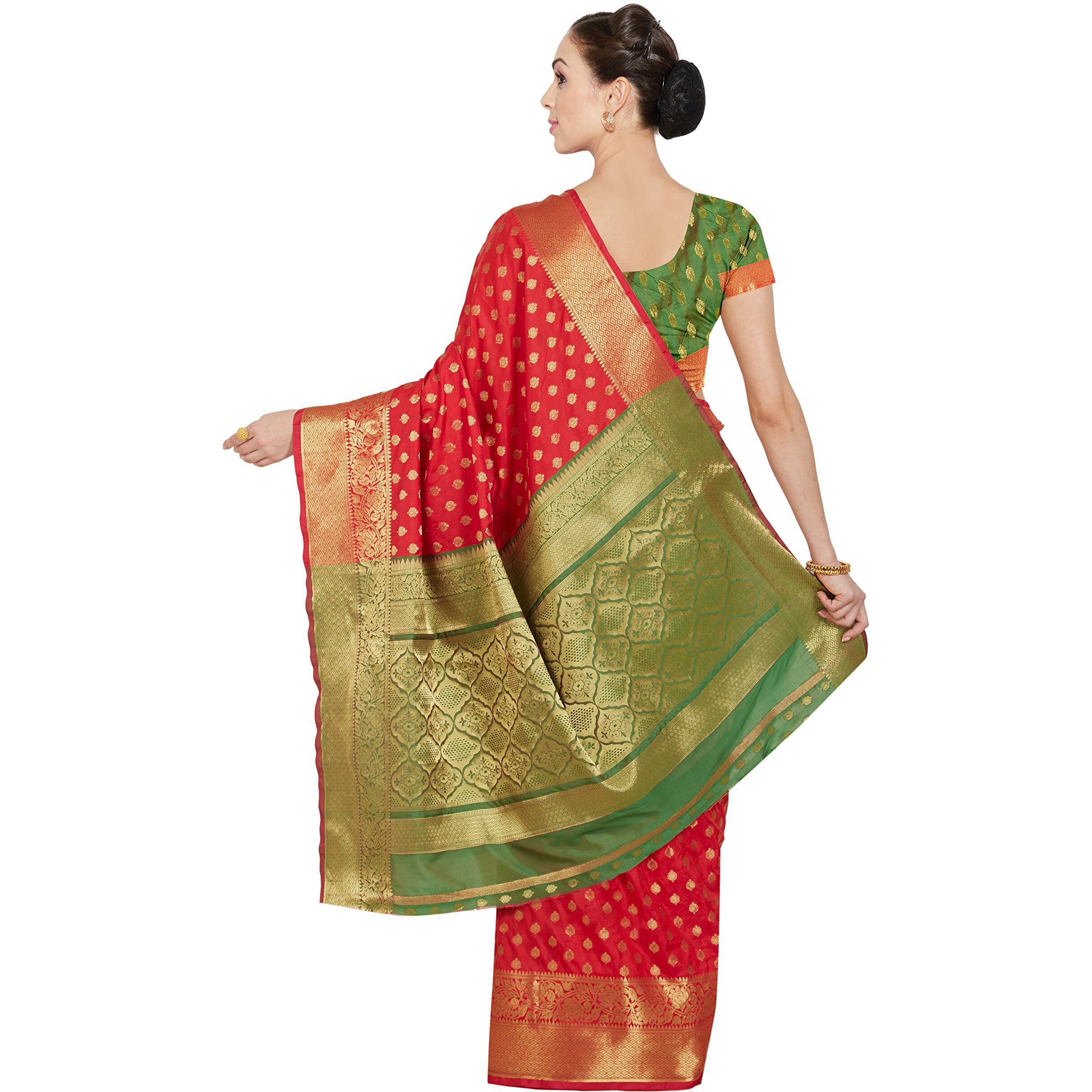 EthnicJunction Womens Banarasi Silk Saree with Booti Zari Thread Work and Blouse Piece, Free Size (Kumkum Red, EJ1178-07978R)