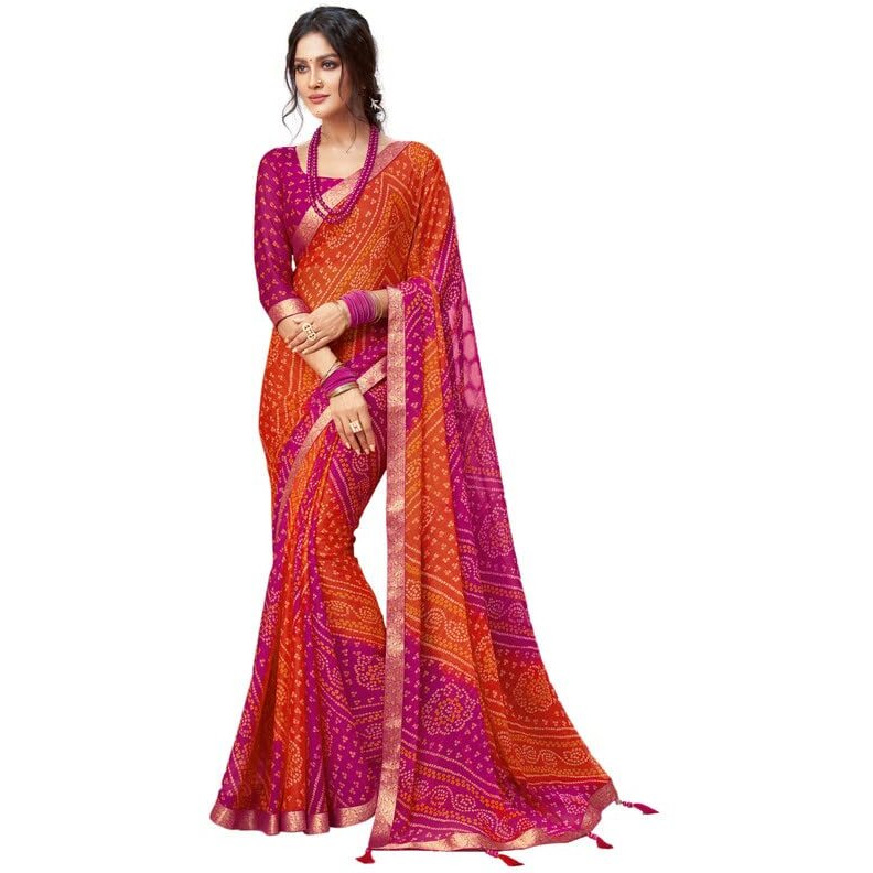 SIRIL Womens Bandhani Printed Chiffon Saree with Blouse(2612S2078_Pink & Orange)