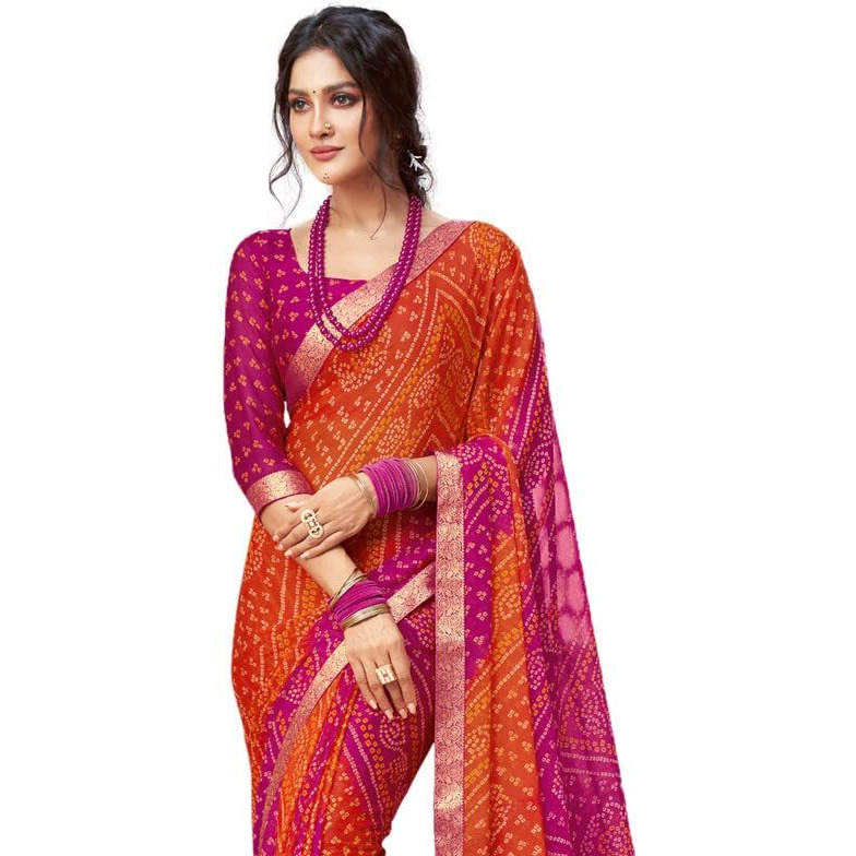 SIRIL Womens Bandhani Printed Chiffon Saree with Blouse(2612S2078_Pink & Orange)